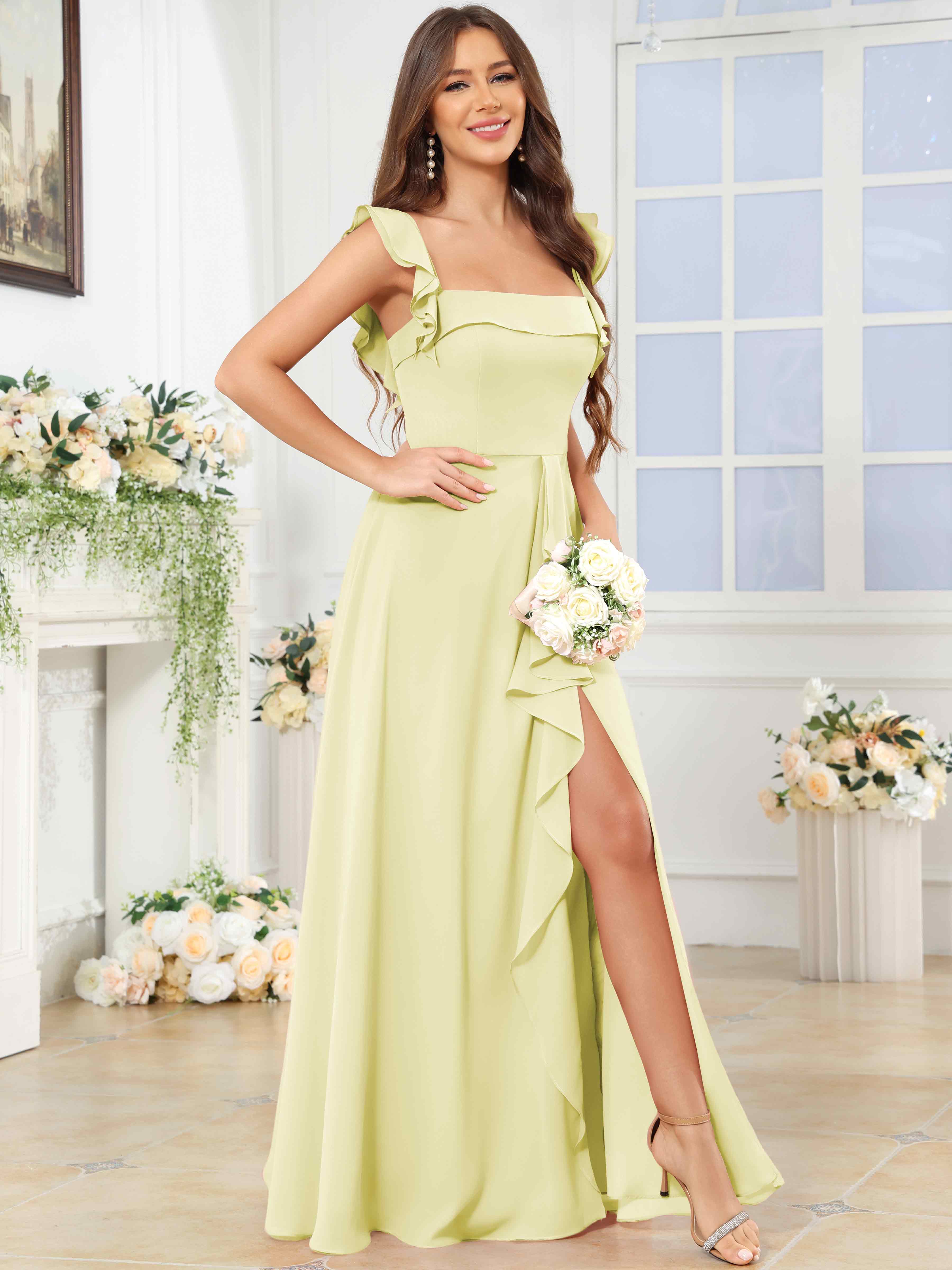 ROVDESY Square Neck Ruffle Chffion Bridesmaid Dress With Slit