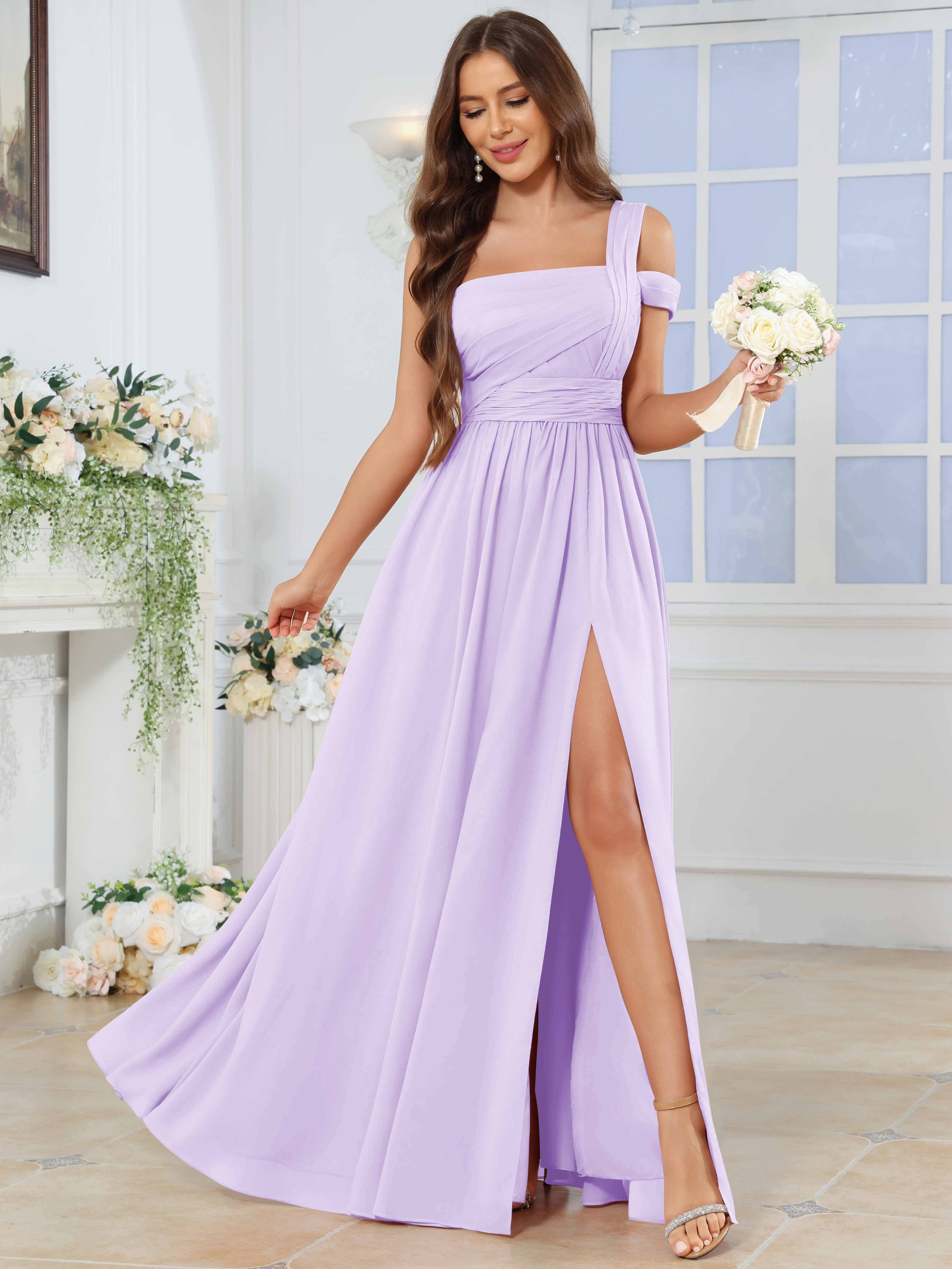 ROVDESY One Shoulder Pleated Chiffon Bridesmaid Dress With Slit