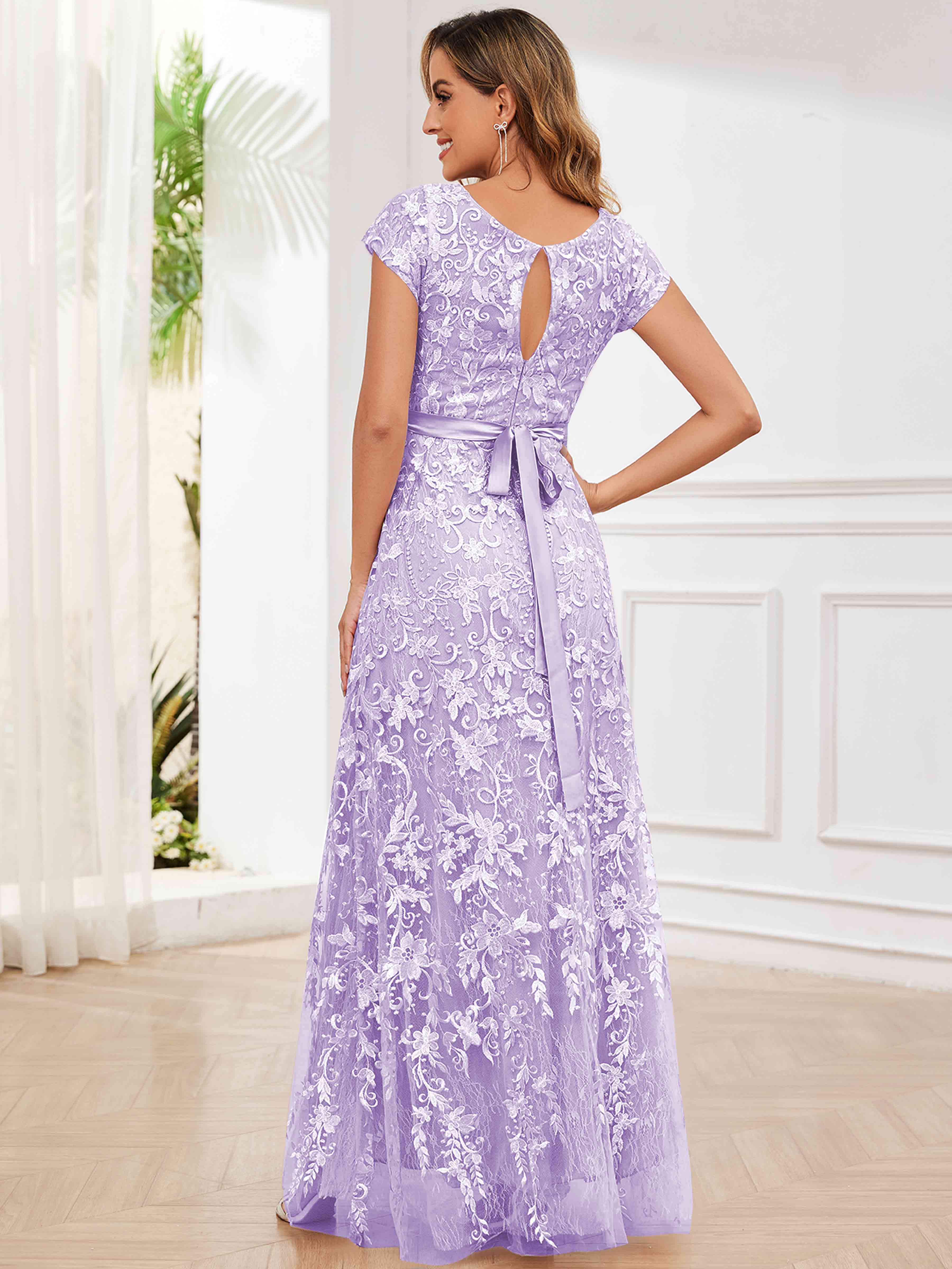 ROVDESY Elegant Lace Mother Of The Bride Dress With Short Sleeves Formal Gown