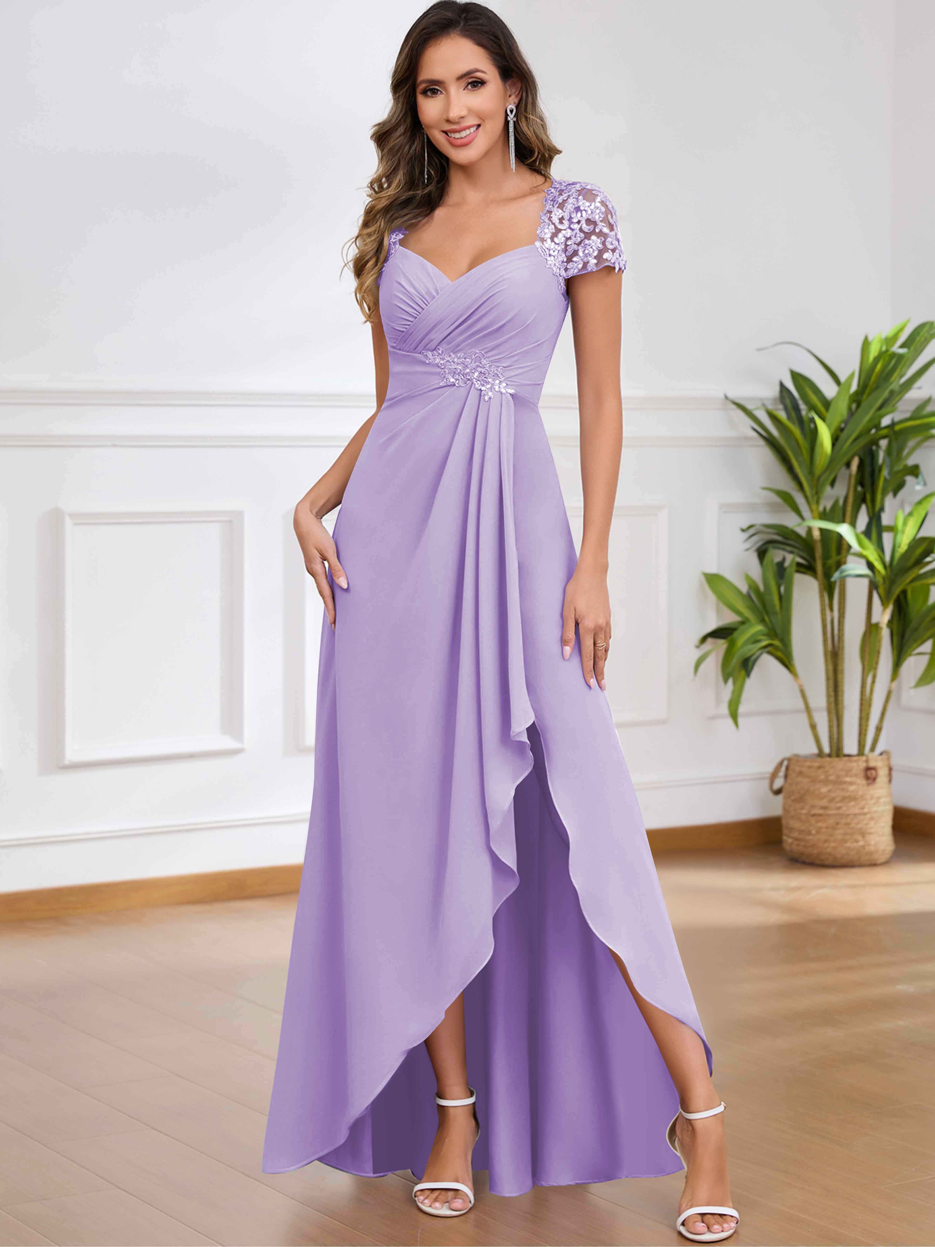 ROVDESY A-Line Pleated Lace Sequin Ruffle Chiffon Mother Of The Bride Dress With Slit
