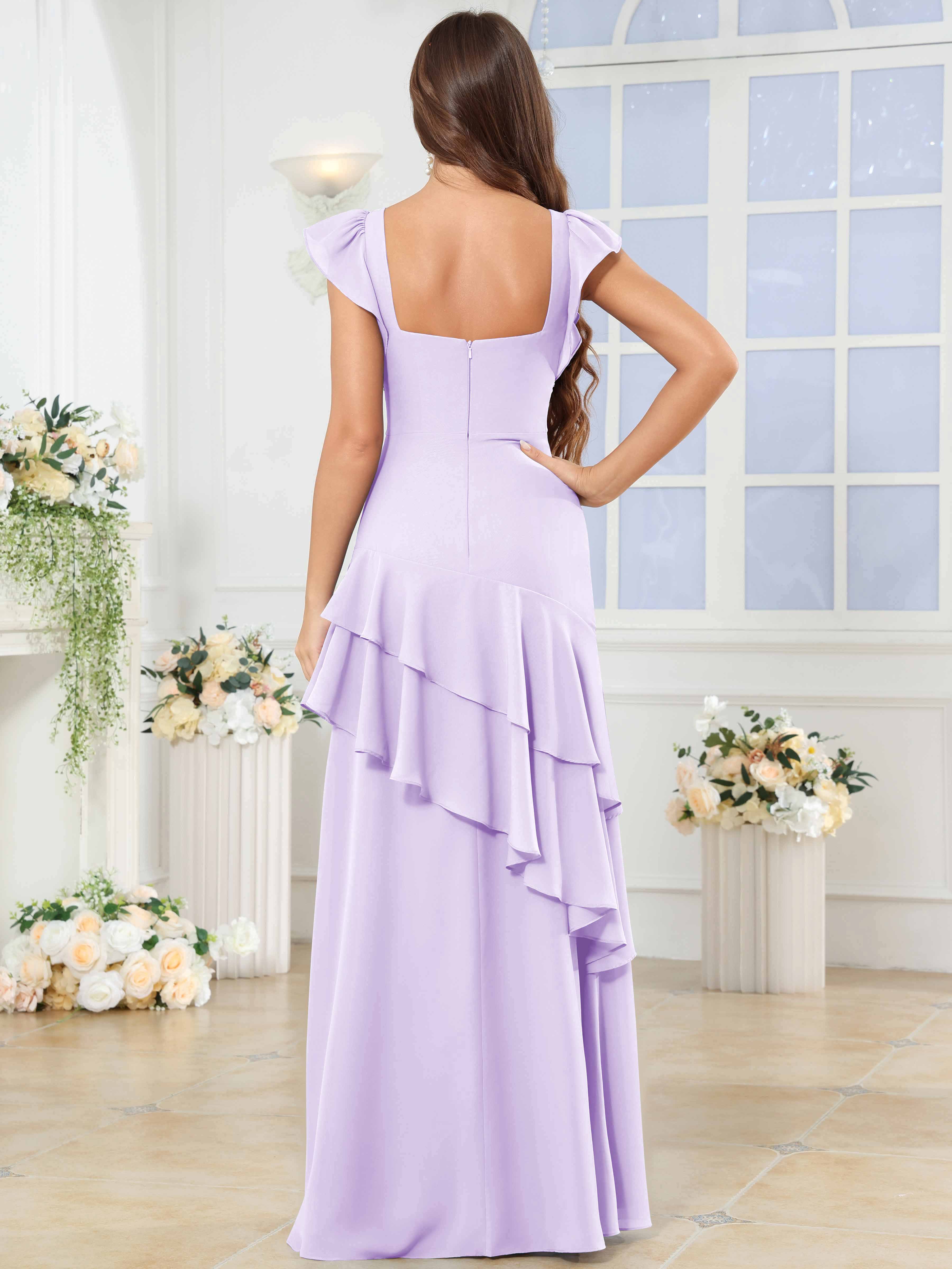 ROVDESY Sweetheart Tiered Ruffle Chiffon Bridesmaid Dress With Short Sleeves