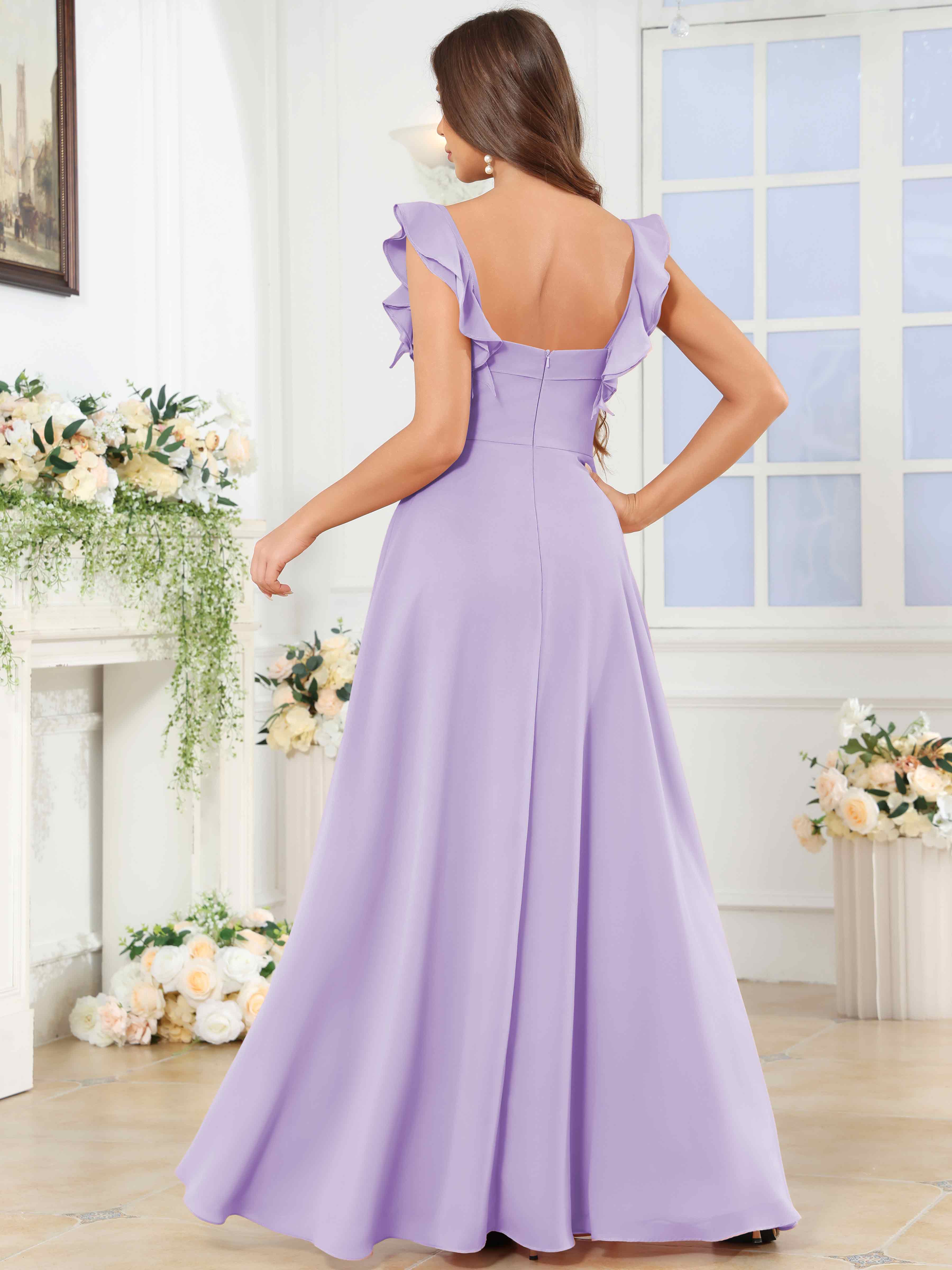 ROVDESY Square Neck Ruffle Chffion Bridesmaid Dress With Slit