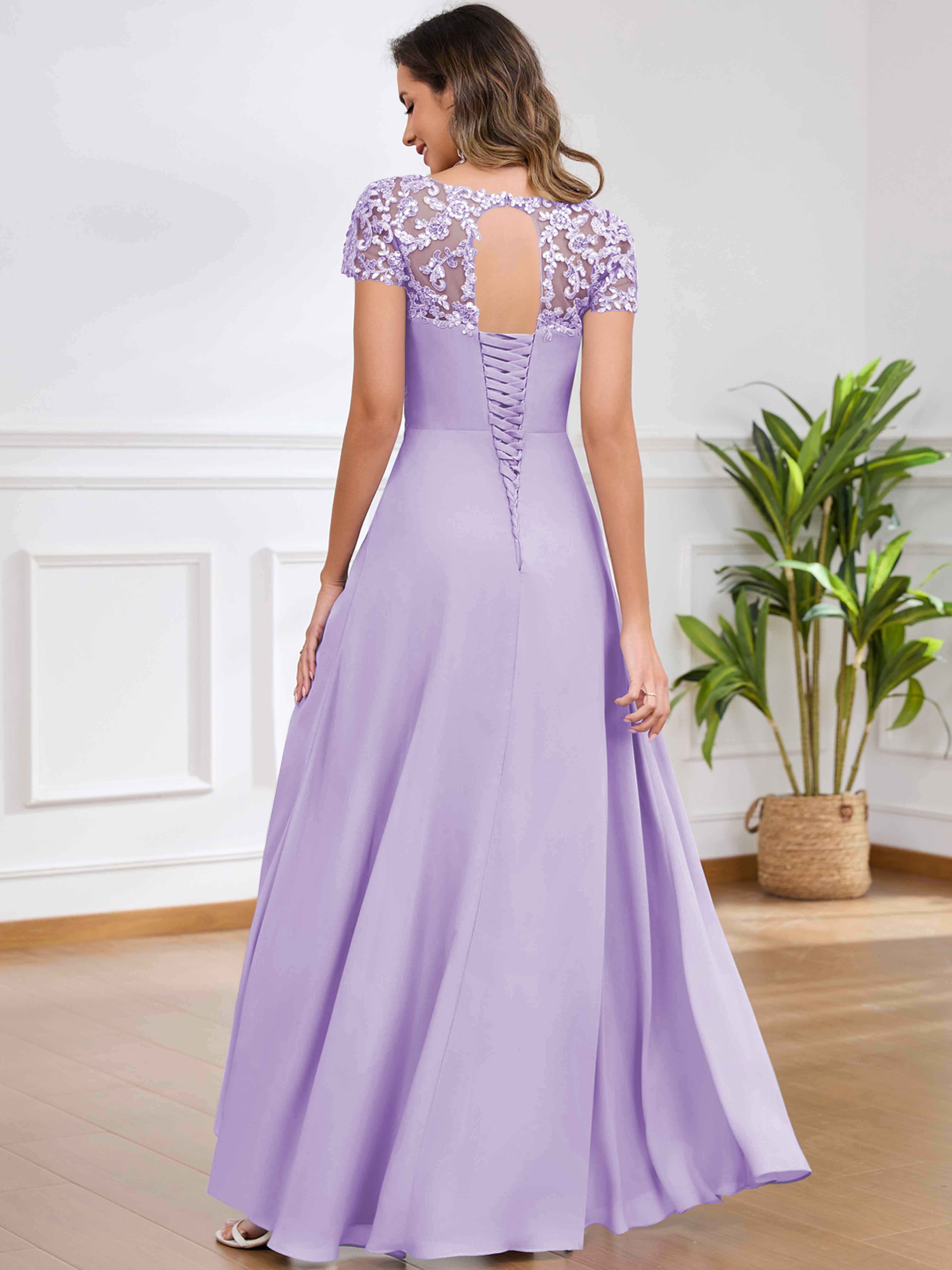 ROVDESY A-Line Pleated Lace Sequin Ruffle Chiffon Mother Of The Bride Dress With Slit
