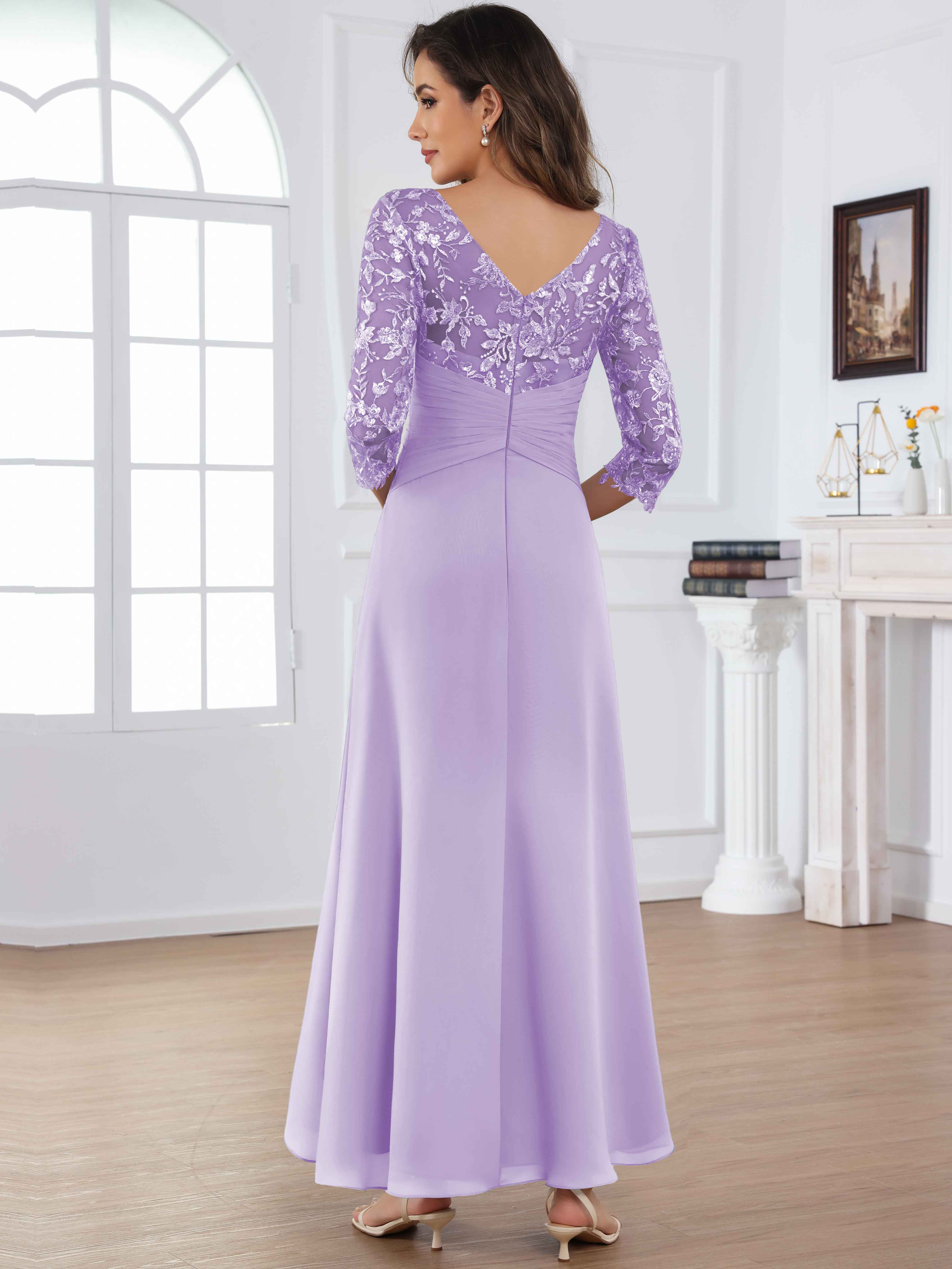 ROVDESY Tea Length Lace Chiffon Mother of The Bride Dress with 3/4 Sleeves