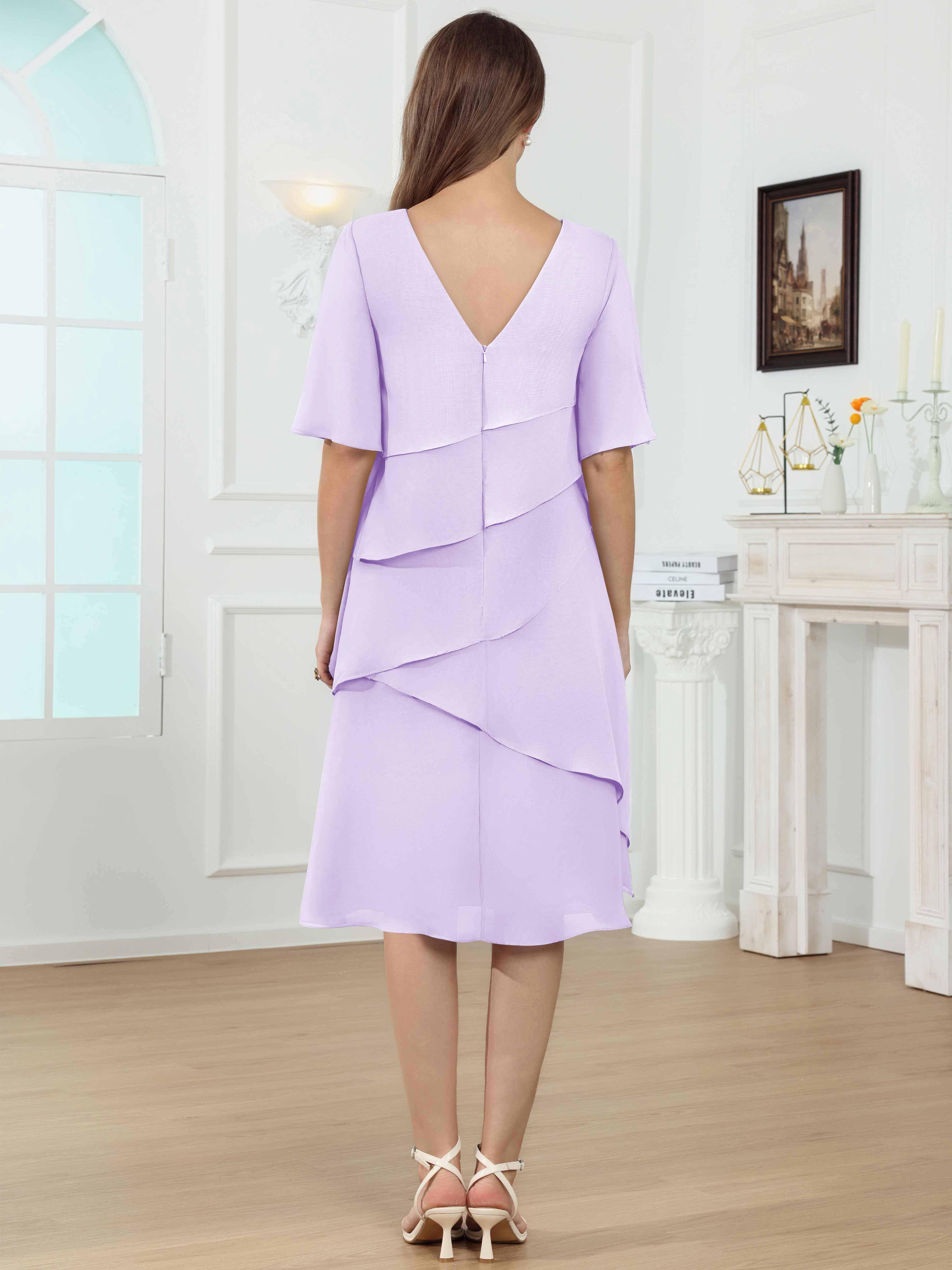 ROVDESY Knee Length Tiered Ruffle Chiffon Mother Of The Bride Dress With Half Sleeves