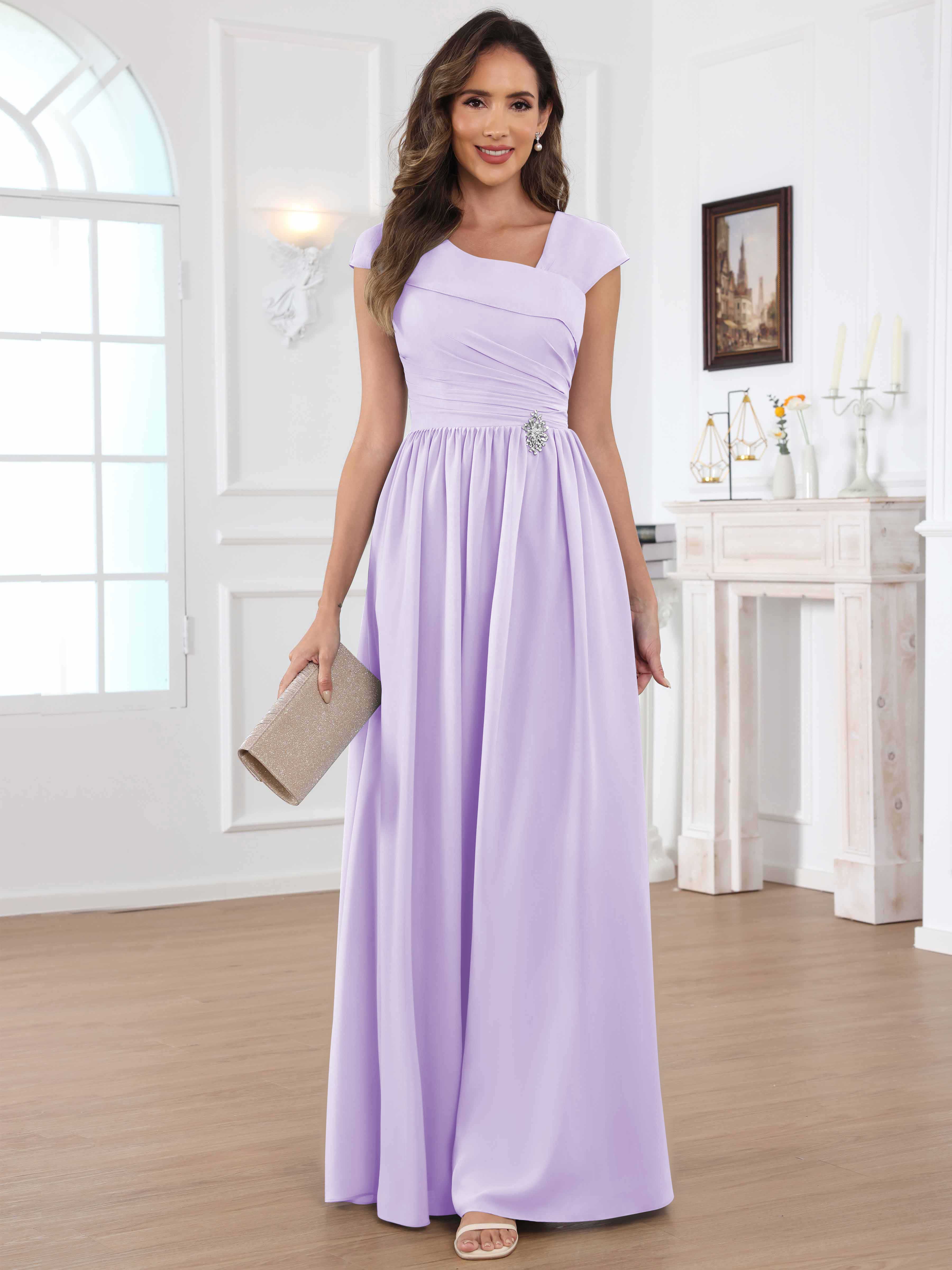 ROVDESY A-Line Cap Sleeves Pleated Chiffon Mother Of The Bride Dress