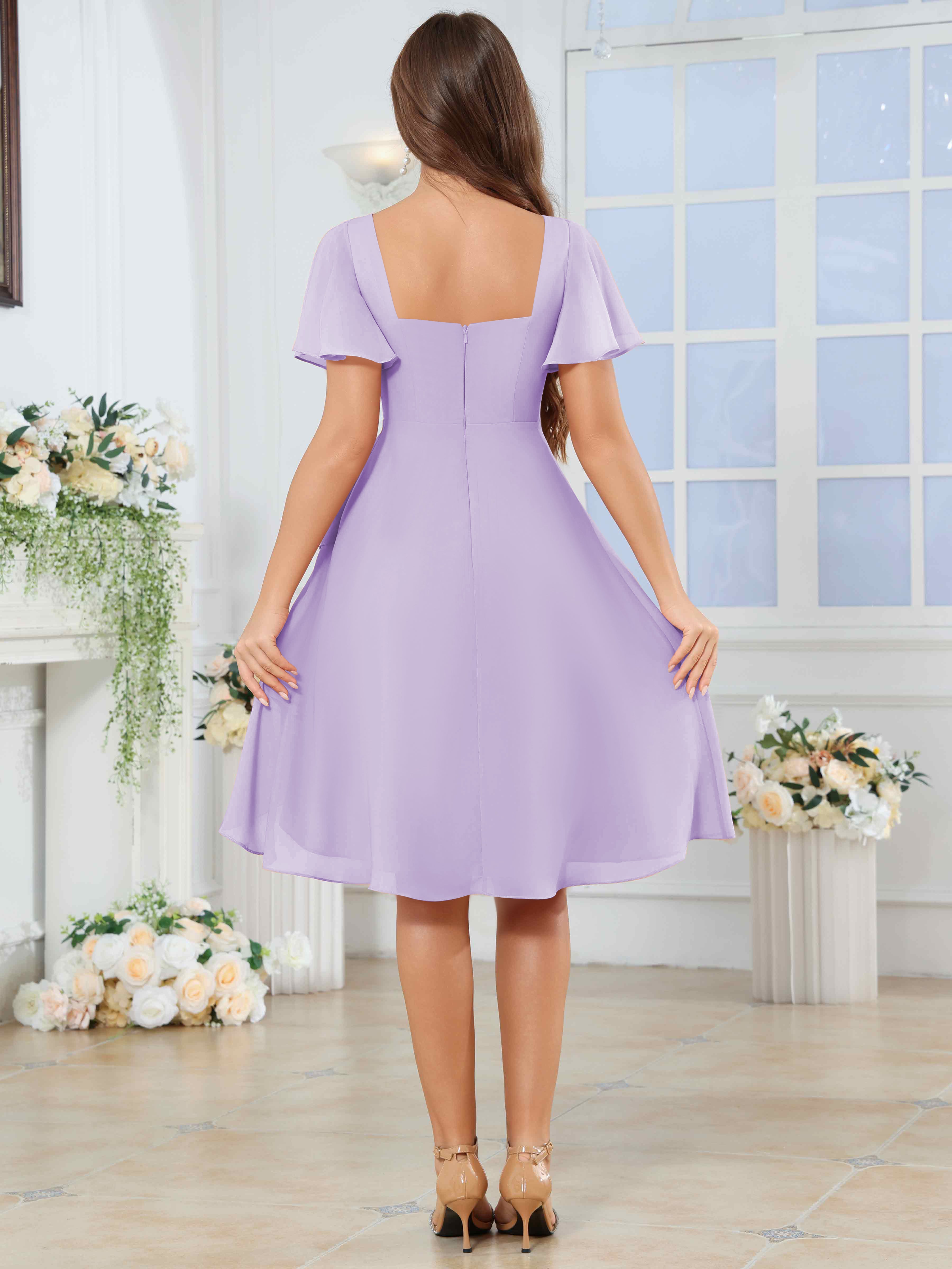 ROVDESY Knee Length V-Neck Pleated Chiffon Bridesmaid Dress With Short Sleeves