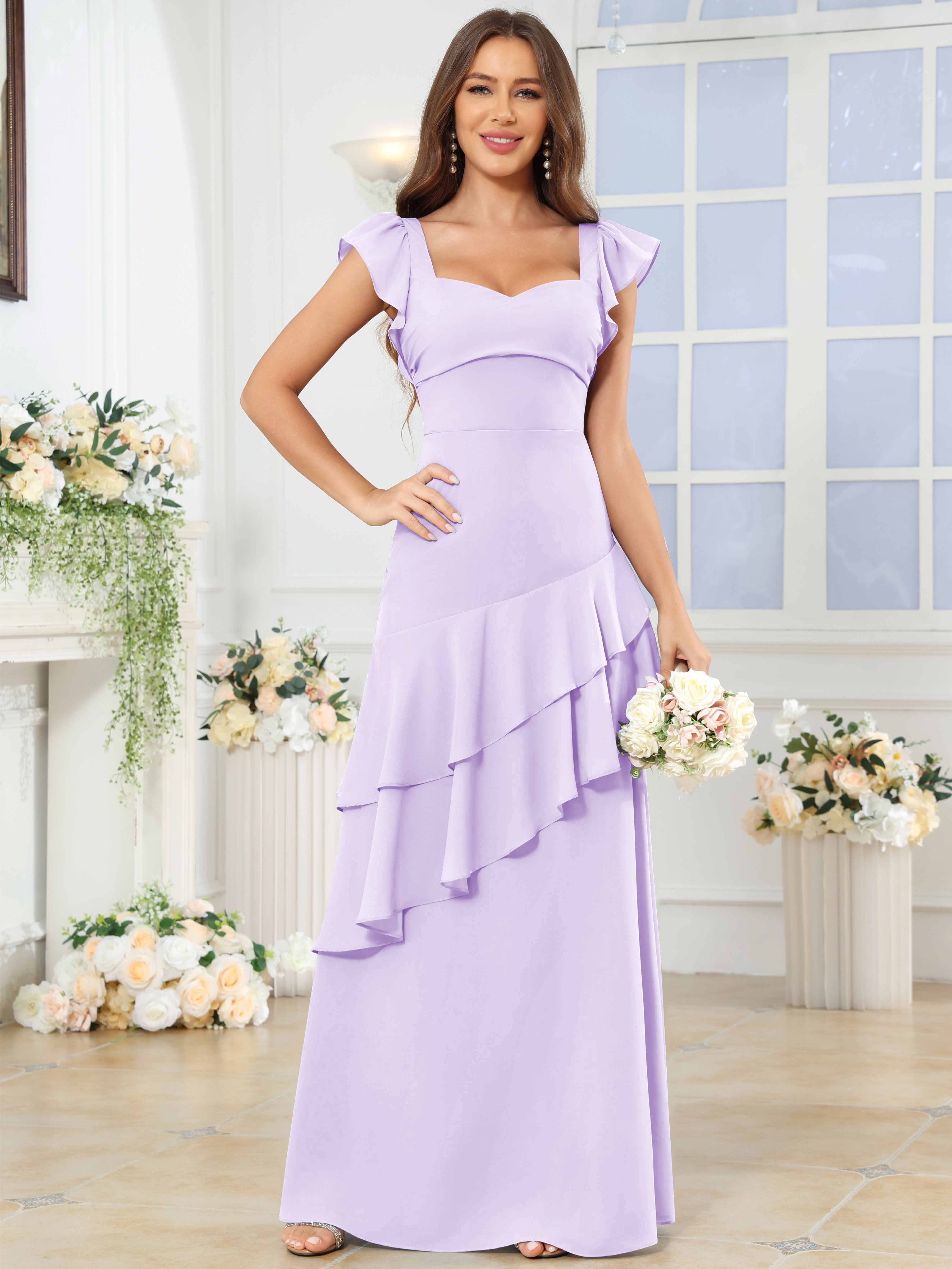 ROVDESY Sweetheart Tiered Ruffle Chiffon Bridesmaid Dress With Short Sleeves
