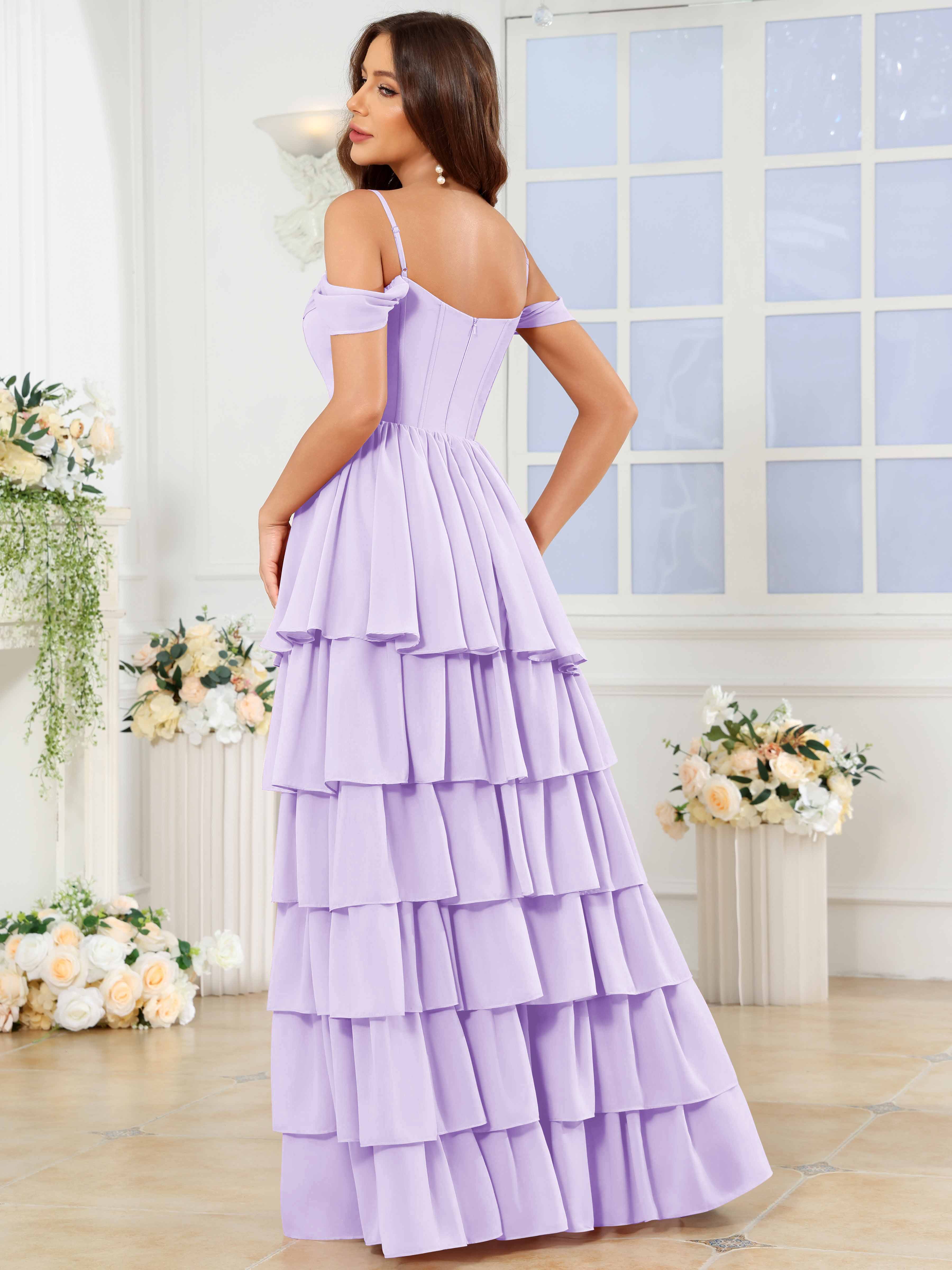 ROVDESY A-Line Off The Shoulder Tiered Chiffon Bridesmaid/Prom Dress With Slit