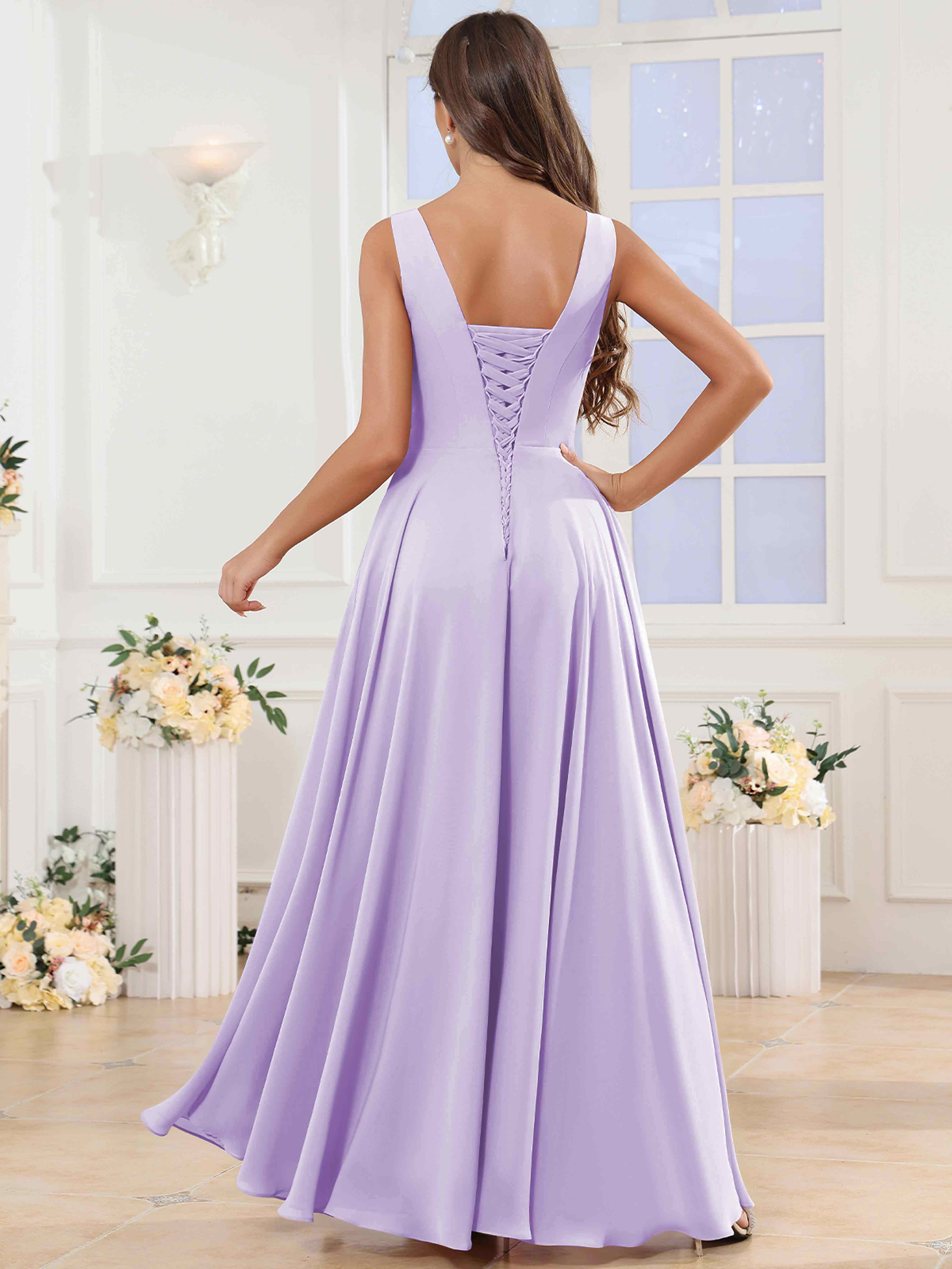 ROVDESY V-Neck Pleated Sleeveless Ruffle Chiffon Bridesmaid Dress With Slit
