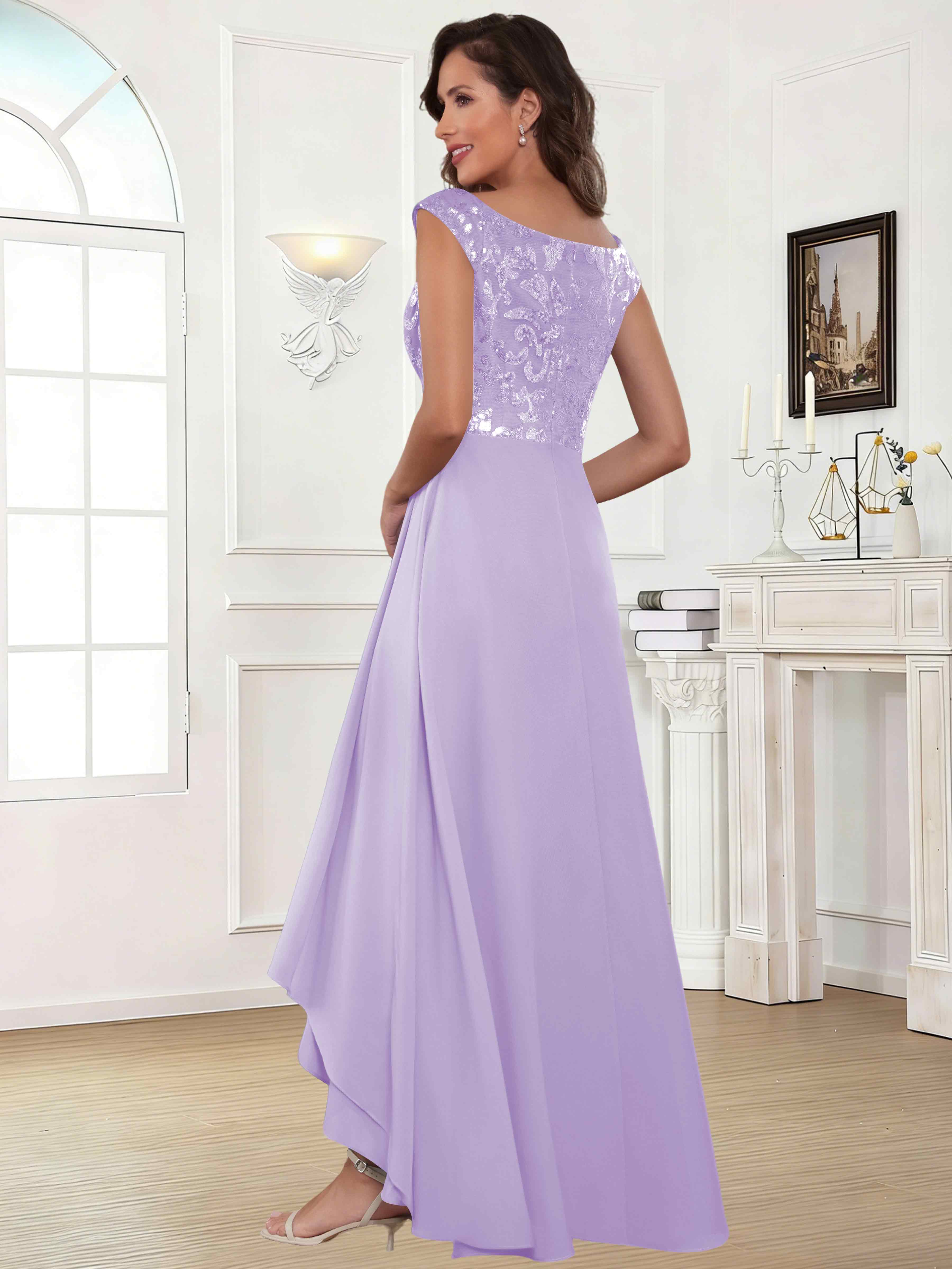 ROVDESY Tea Length Off-The-Shoulder Sequin Chiffon Mother Of The Bride Dress