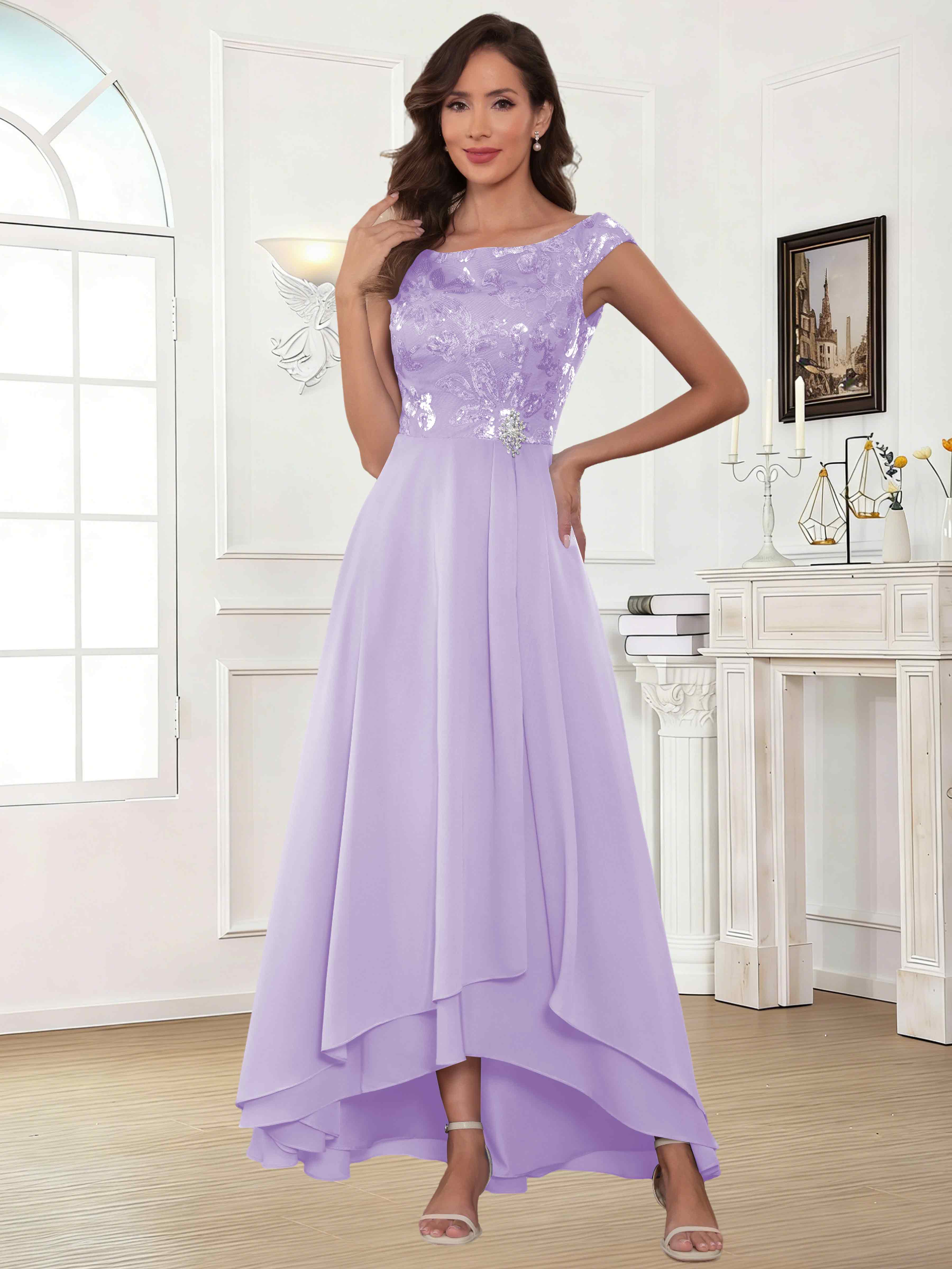 ROVDESY Tea Length Off-The-Shoulder Sequin Chiffon Mother Of The Bride Dress