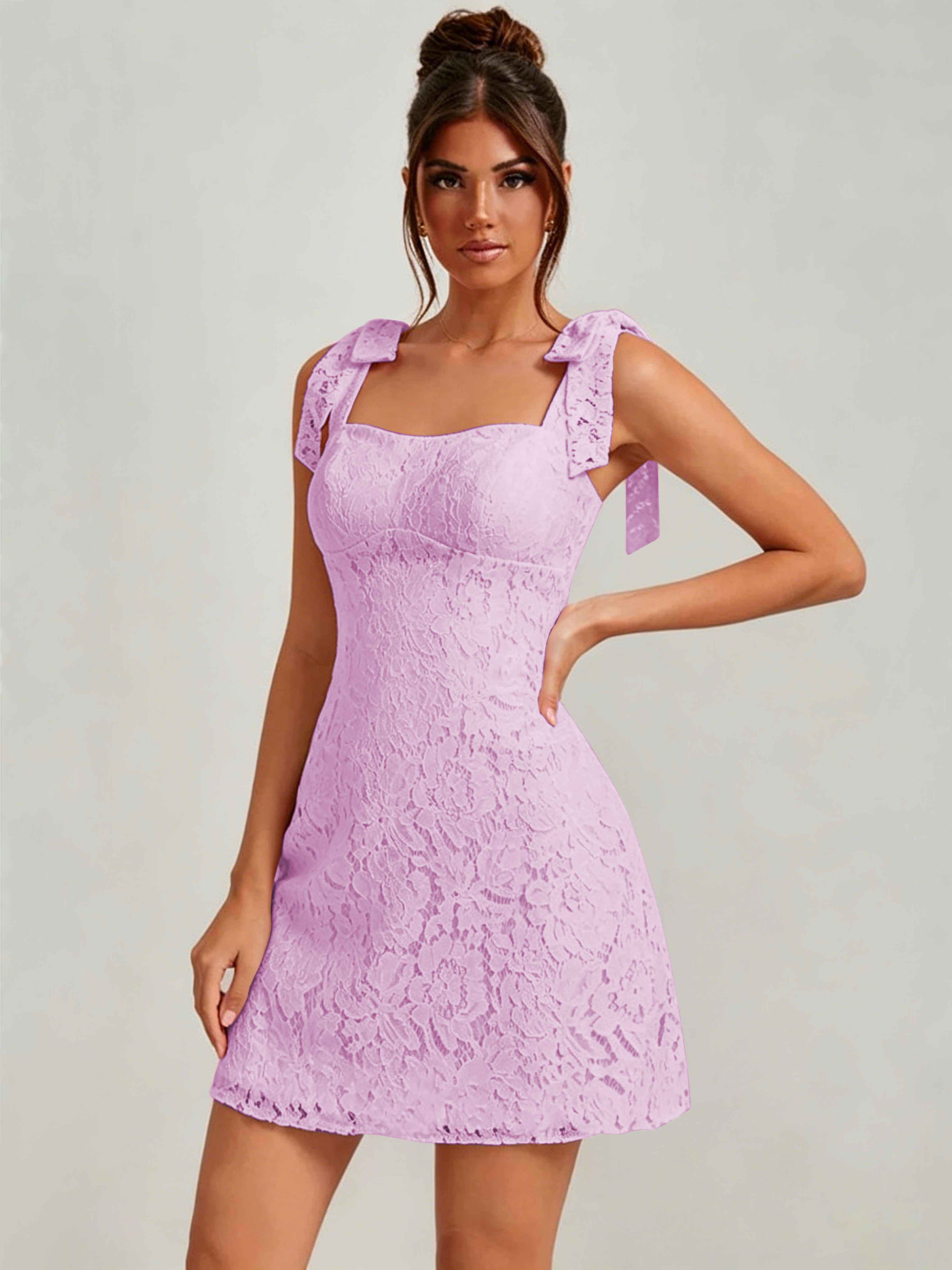 ROVDESY Bow Tie Spaghetti Strap A-Line  Floral Lace Mini Dress
