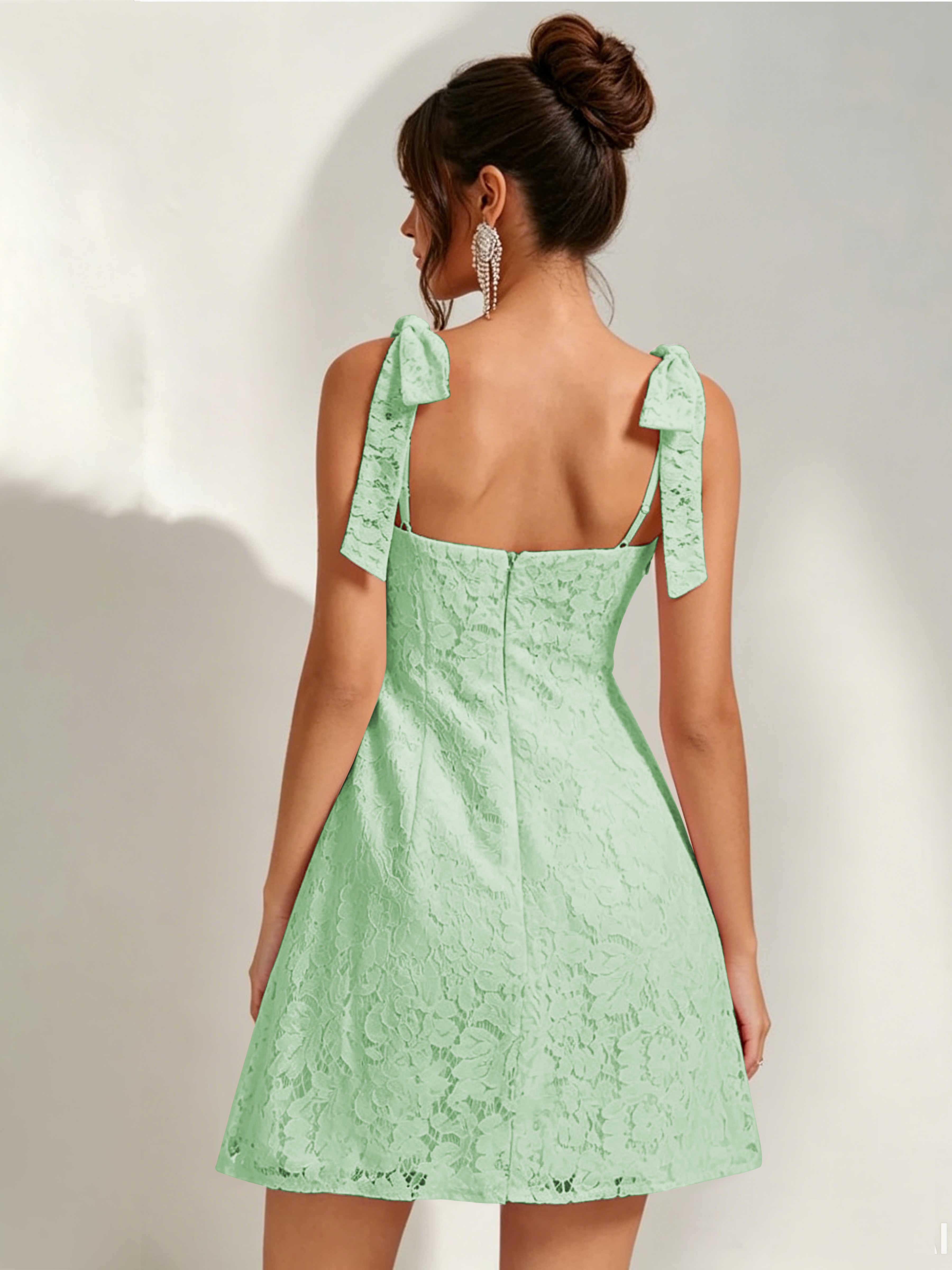 ROVDESY Bow Tie Spaghetti Strap A-Line  Floral Lace Mini Dress