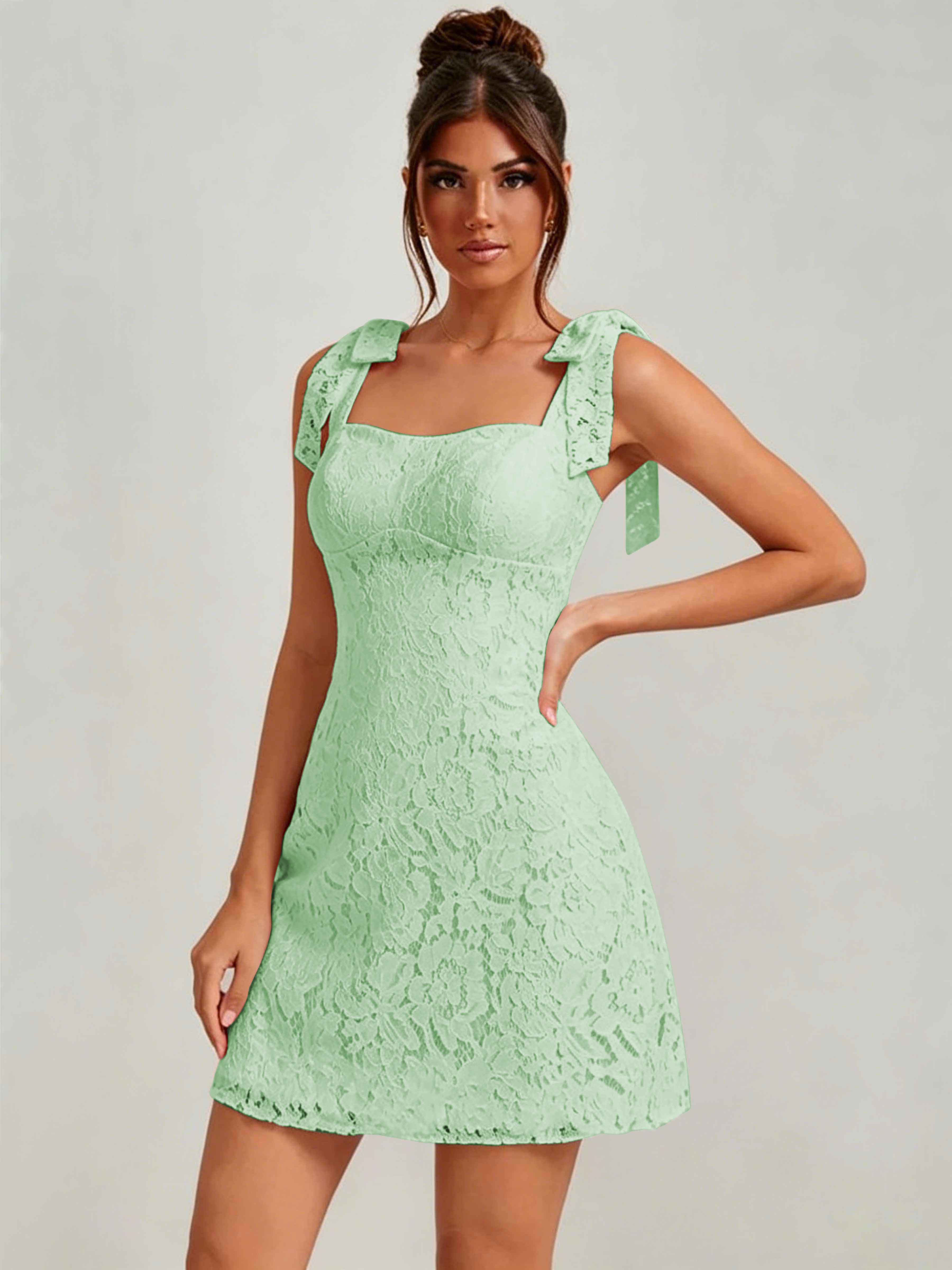 ROVDESY Bow Tie Spaghetti Strap A-Line  Floral Lace Mini Dress