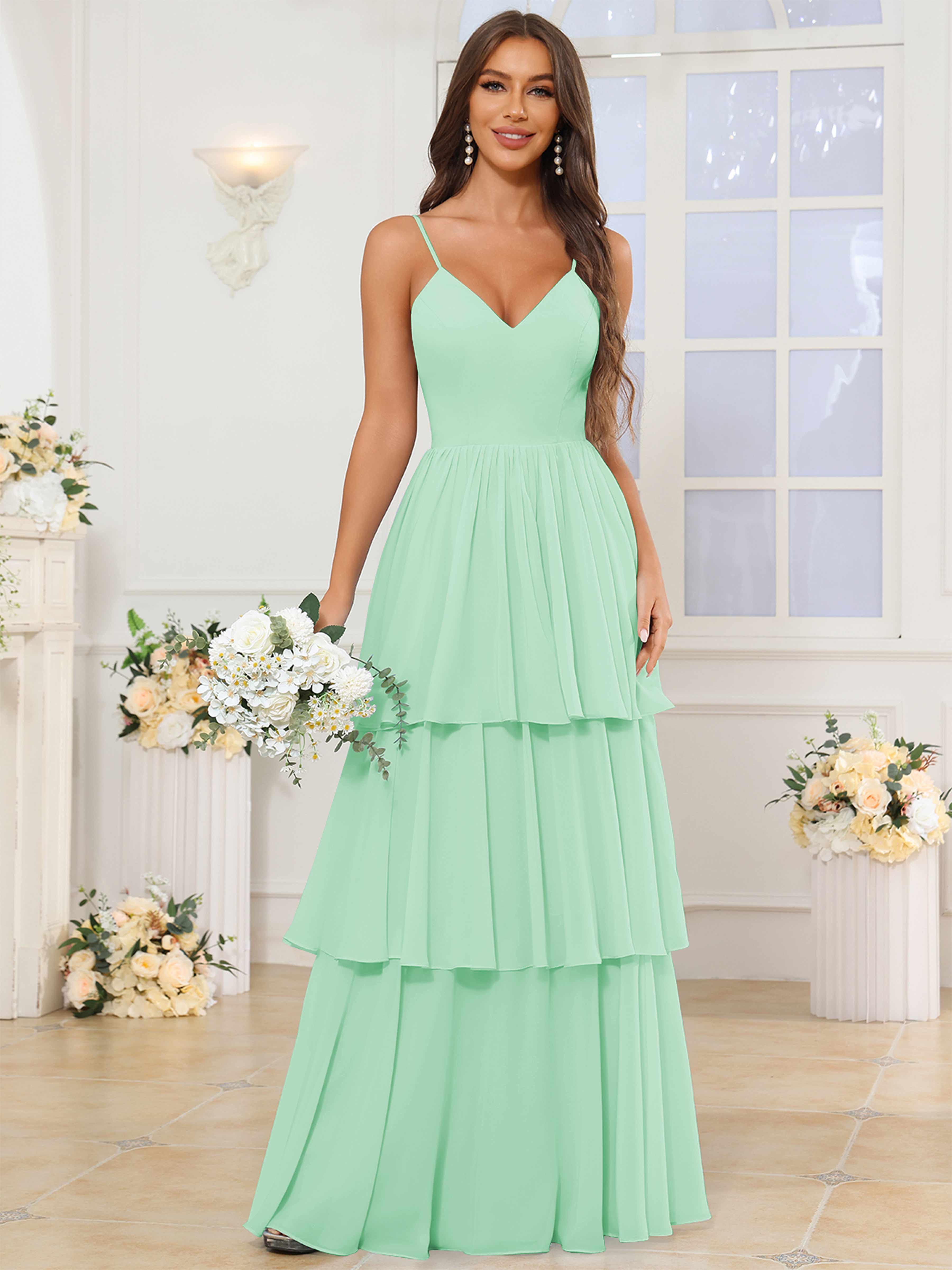 ROVDESY V-Neck Spaghetti Straps Tiered Chiffon Bridesmaid Dress With Ruffles