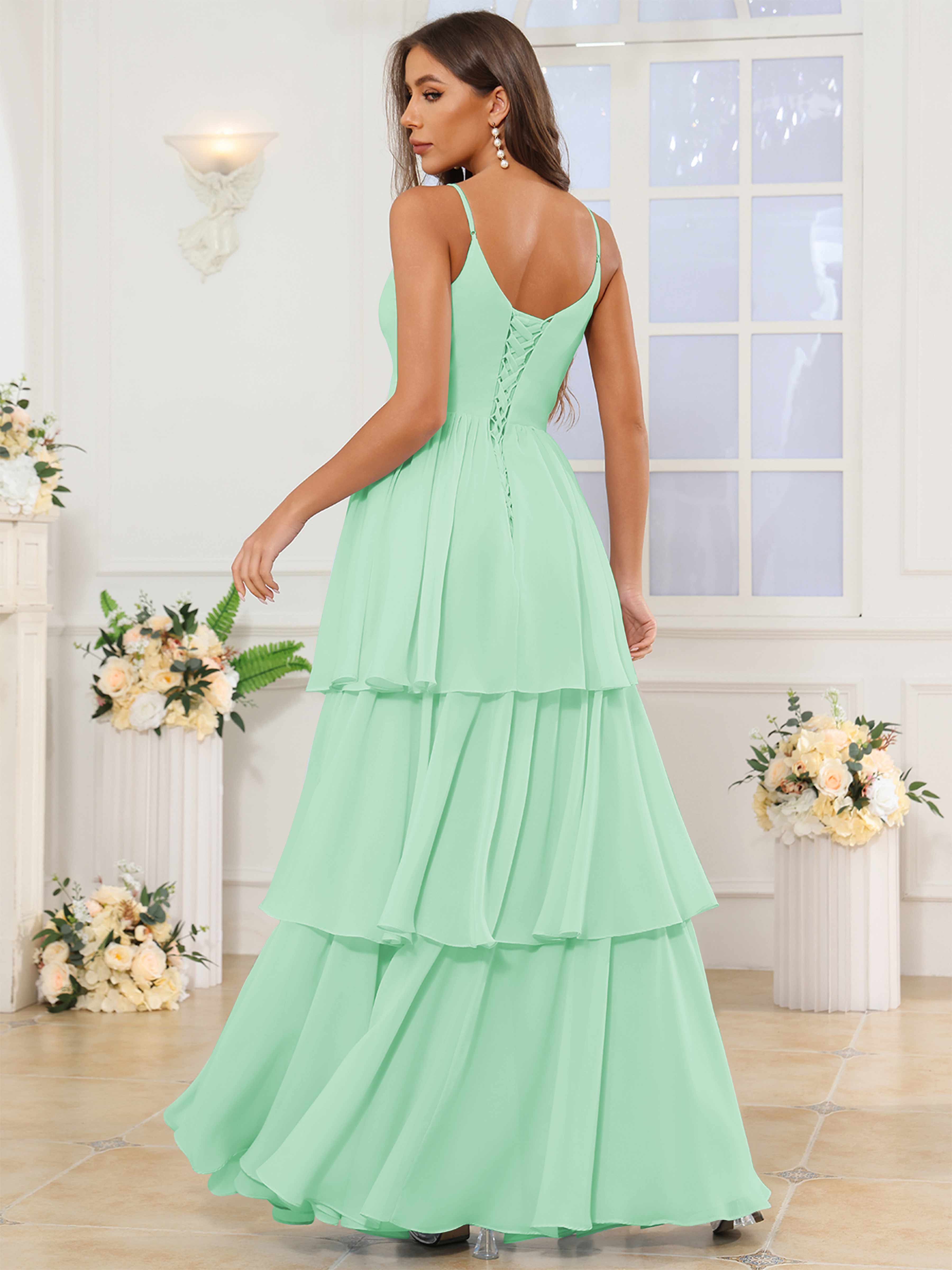 ROVDESY V-Neck Spaghetti Straps Tiered Chiffon Bridesmaid Dress With Ruffles