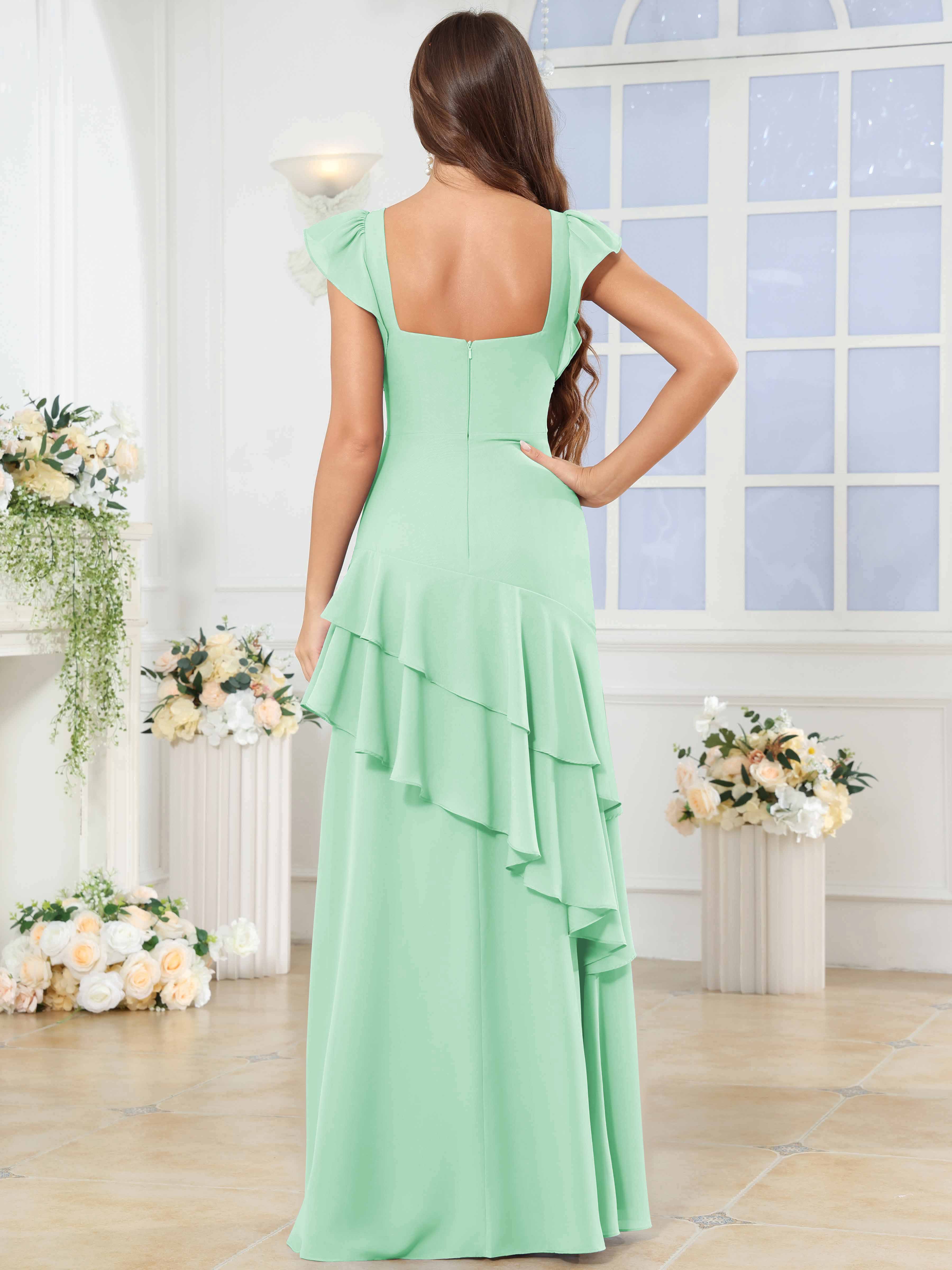ROVDESY Sweetheart Tiered Ruffle Chiffon Bridesmaid Dress With Short Sleeves