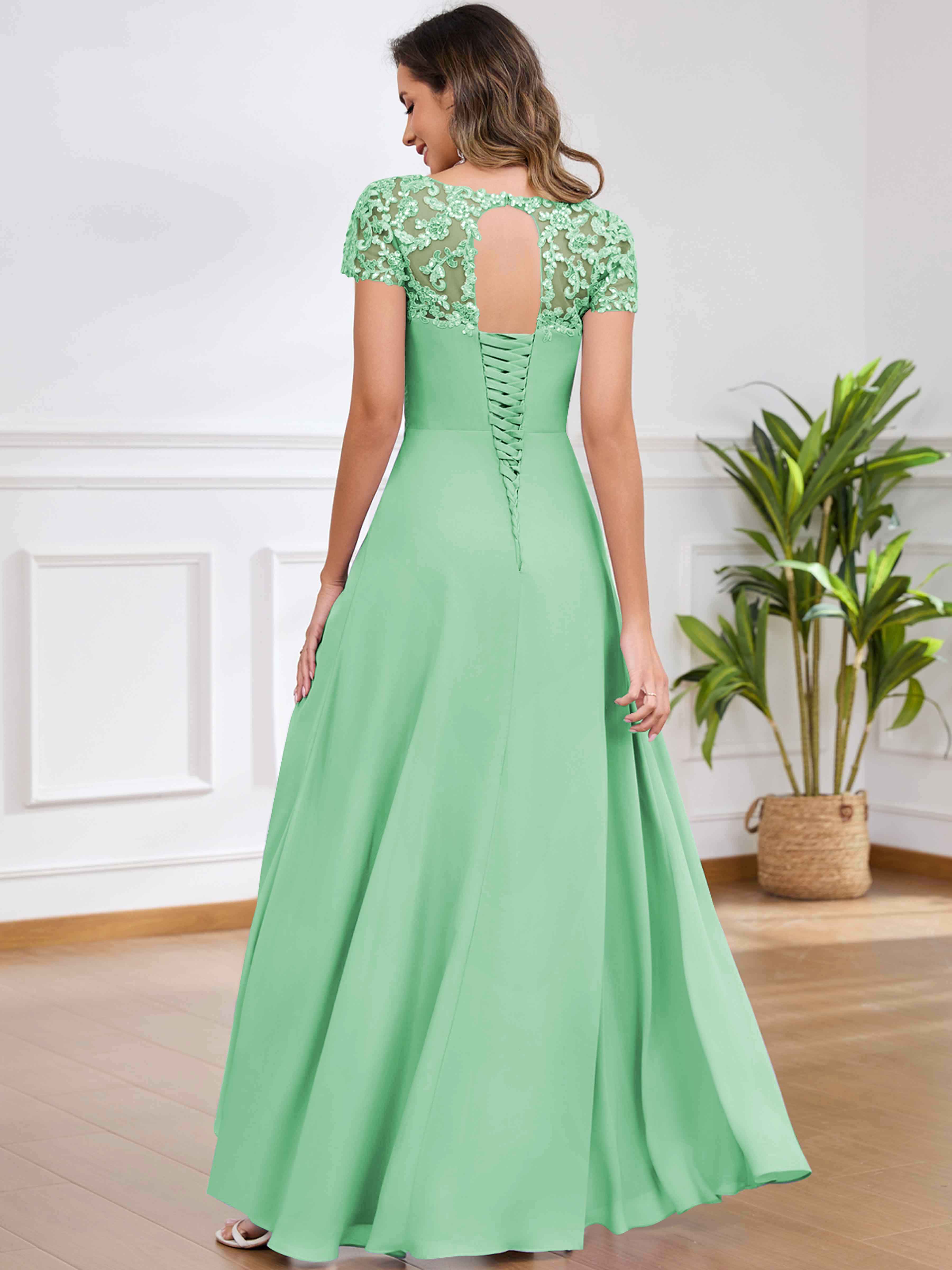 ROVDESY A-Line Pleated Lace Sequin Ruffle Chiffon Mother Of The Bride Dress With Slit