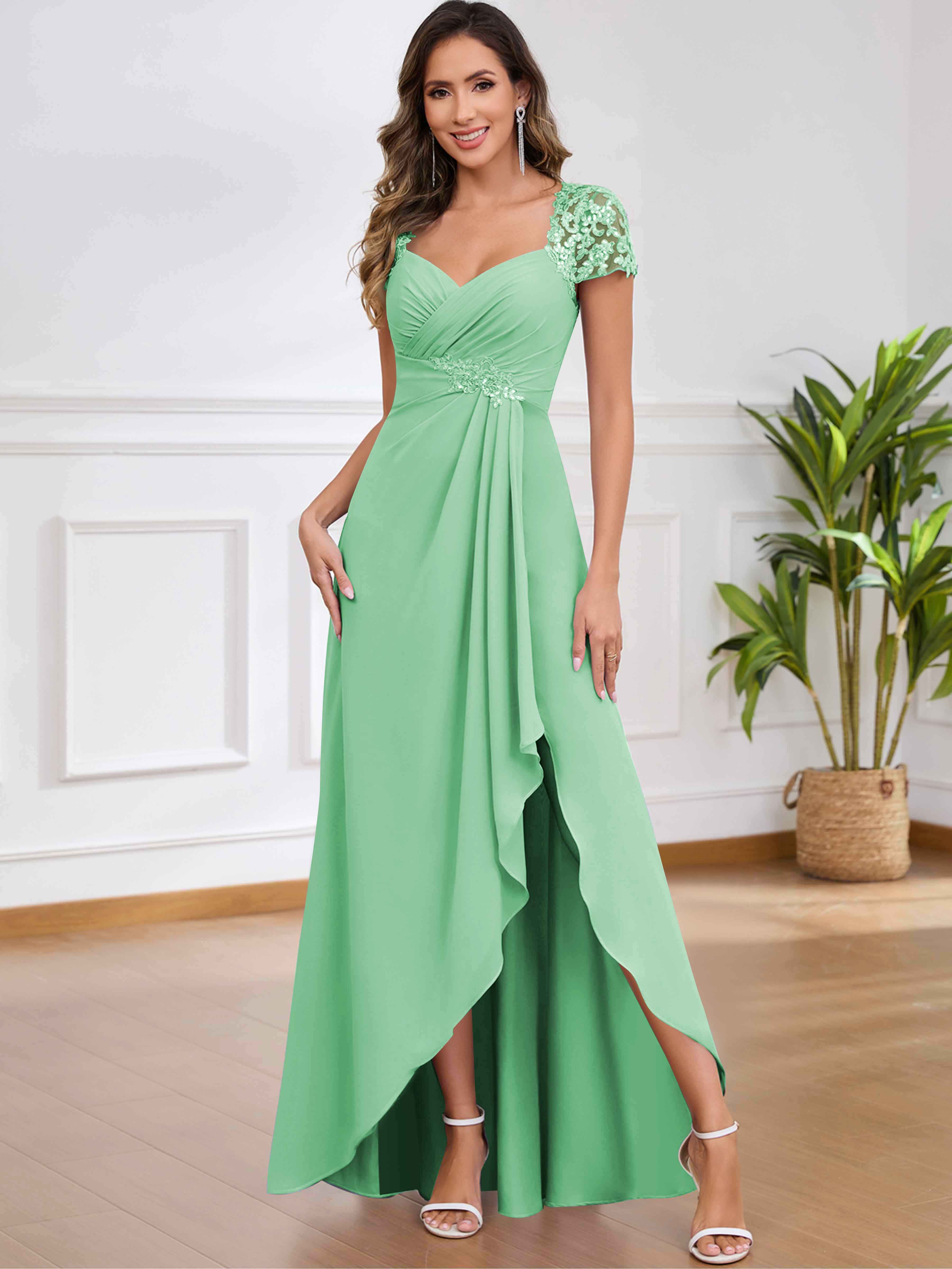 ROVDESY A-Line Pleated Lace Sequin Ruffle Chiffon Mother Of The Bride Dress With Slit