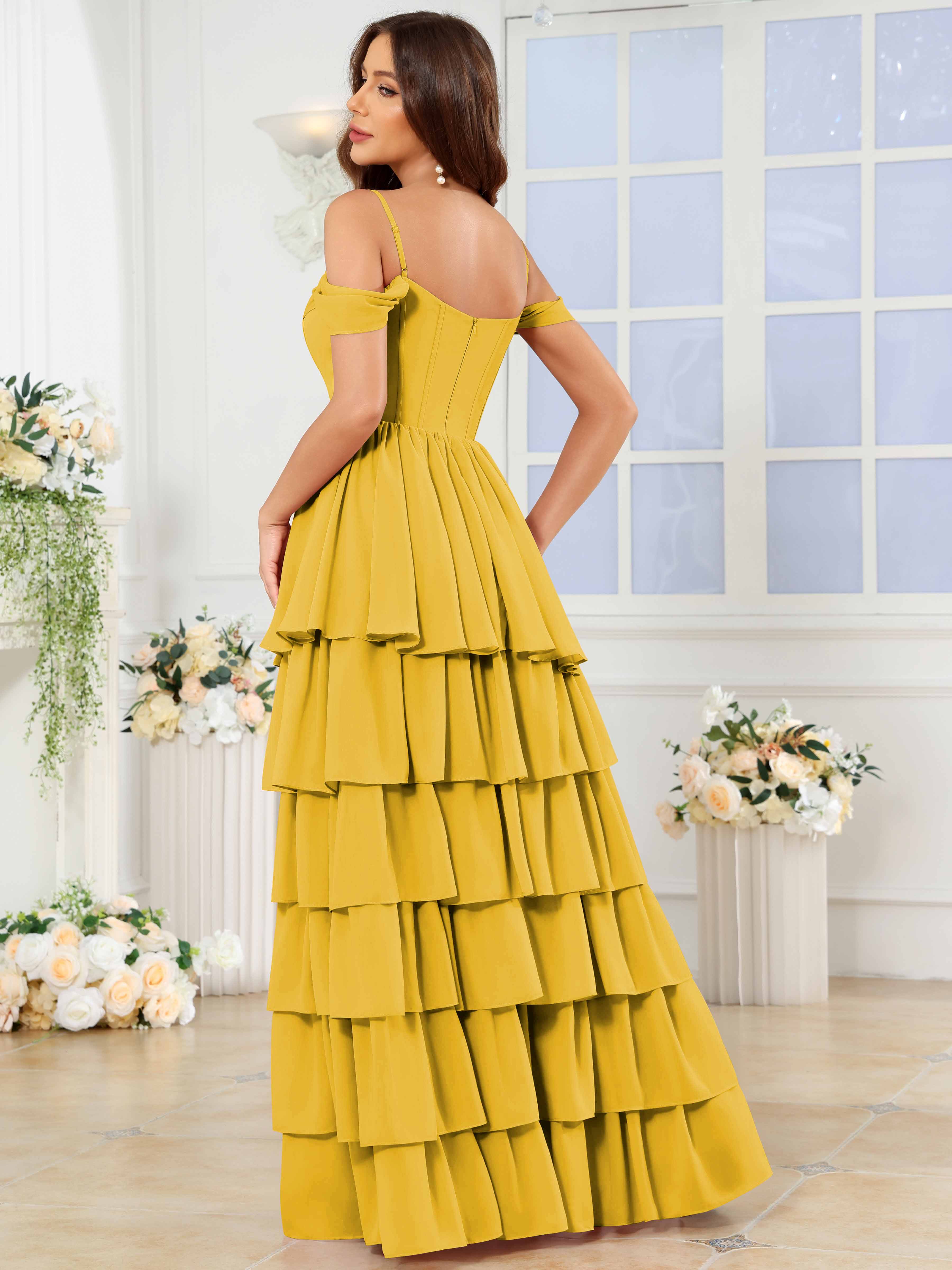 ROVDESY A-Line Off The Shoulder Tiered Chiffon Bridesmaid/Prom Dress With Slit
