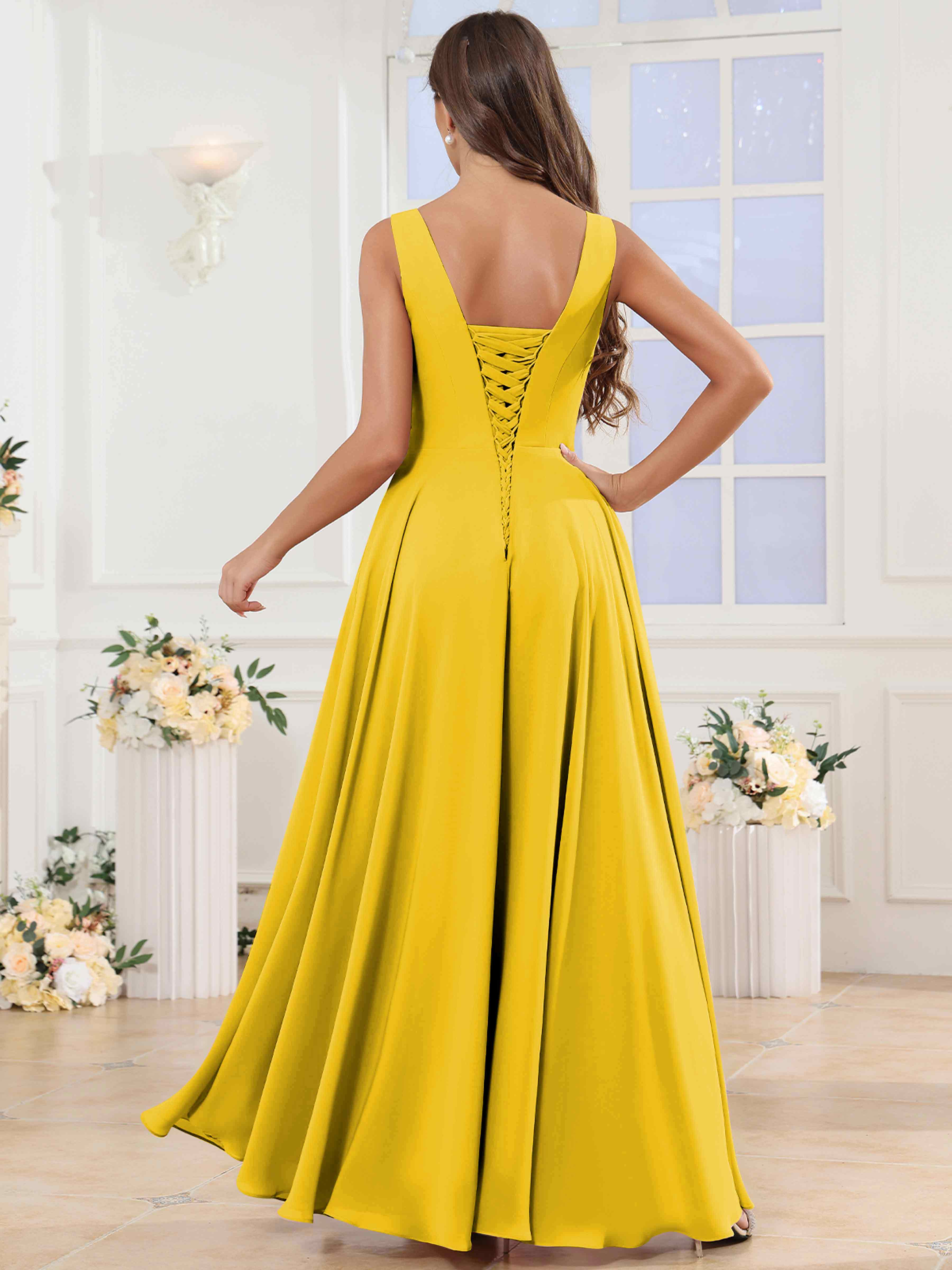 ROVDESY V-Neck Pleated Sleeveless Ruffle Chiffon Bridesmaid Dress With Slit