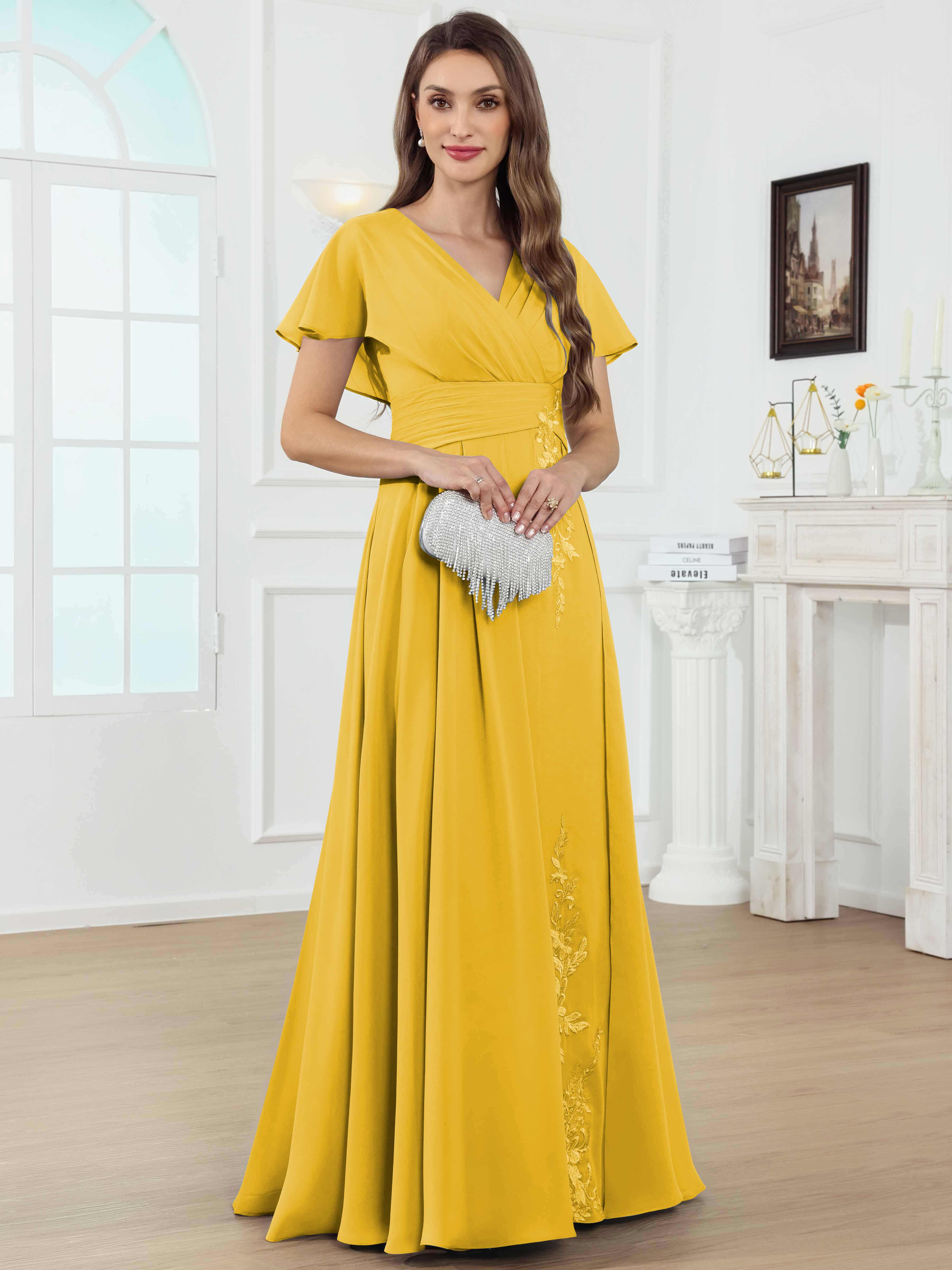 ROVDESY A-Line V-Neck Pleated Lace Chiffon Mother Of The Bride Dress With Short Sleeves