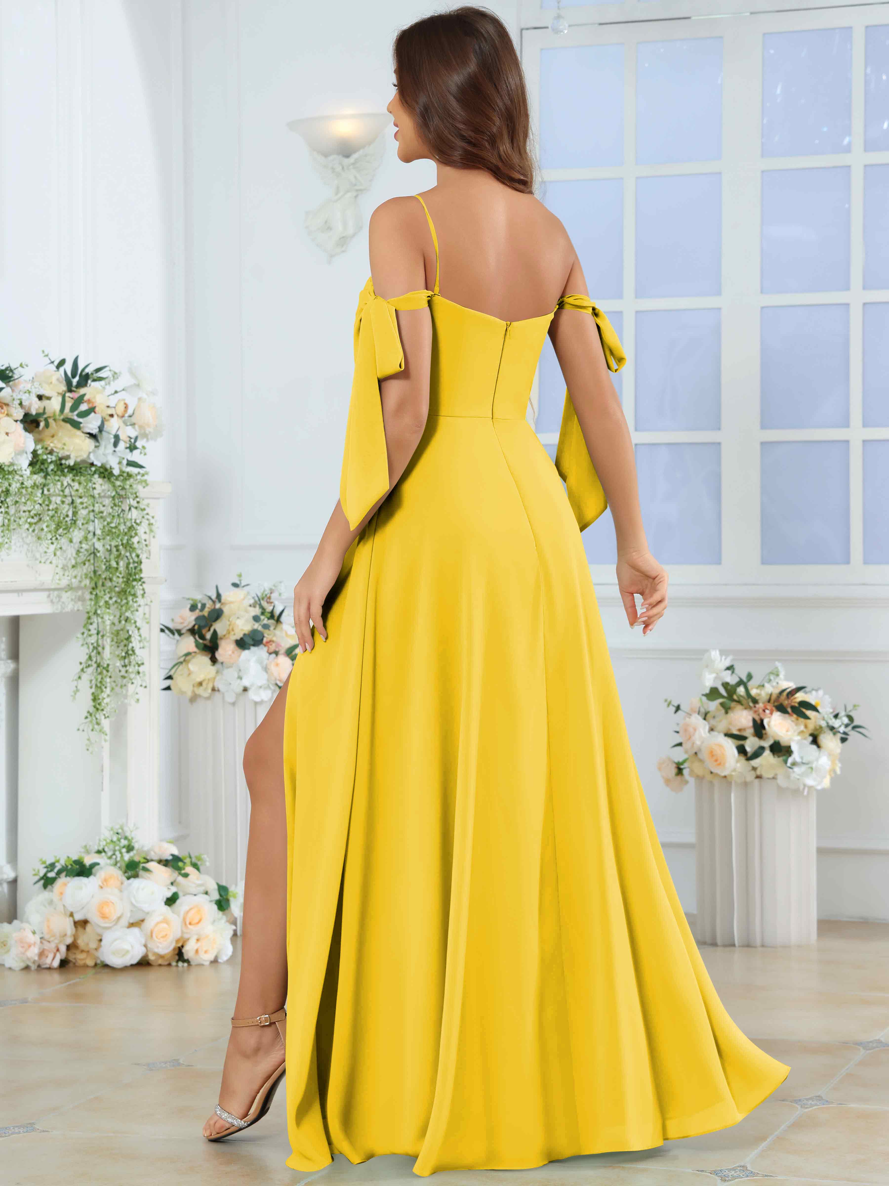 ROVDESY Spaghetti Strap Pleated Ruffle Slit Chiffon Bridesmaid Dress With Bow Sleeves
