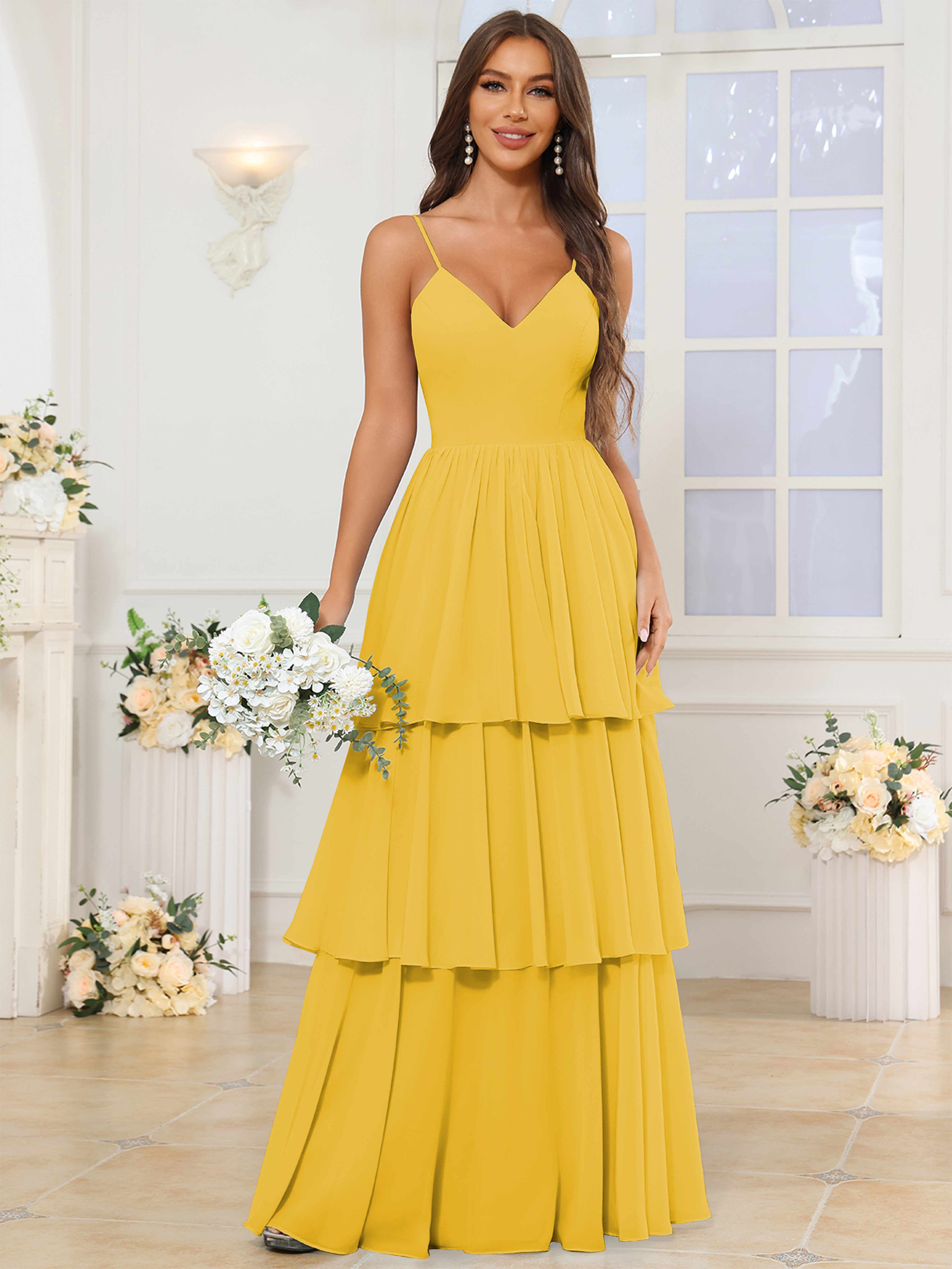ROVDESY V-Neck Spaghetti Straps Tiered Chiffon Bridesmaid Dress With Ruffles