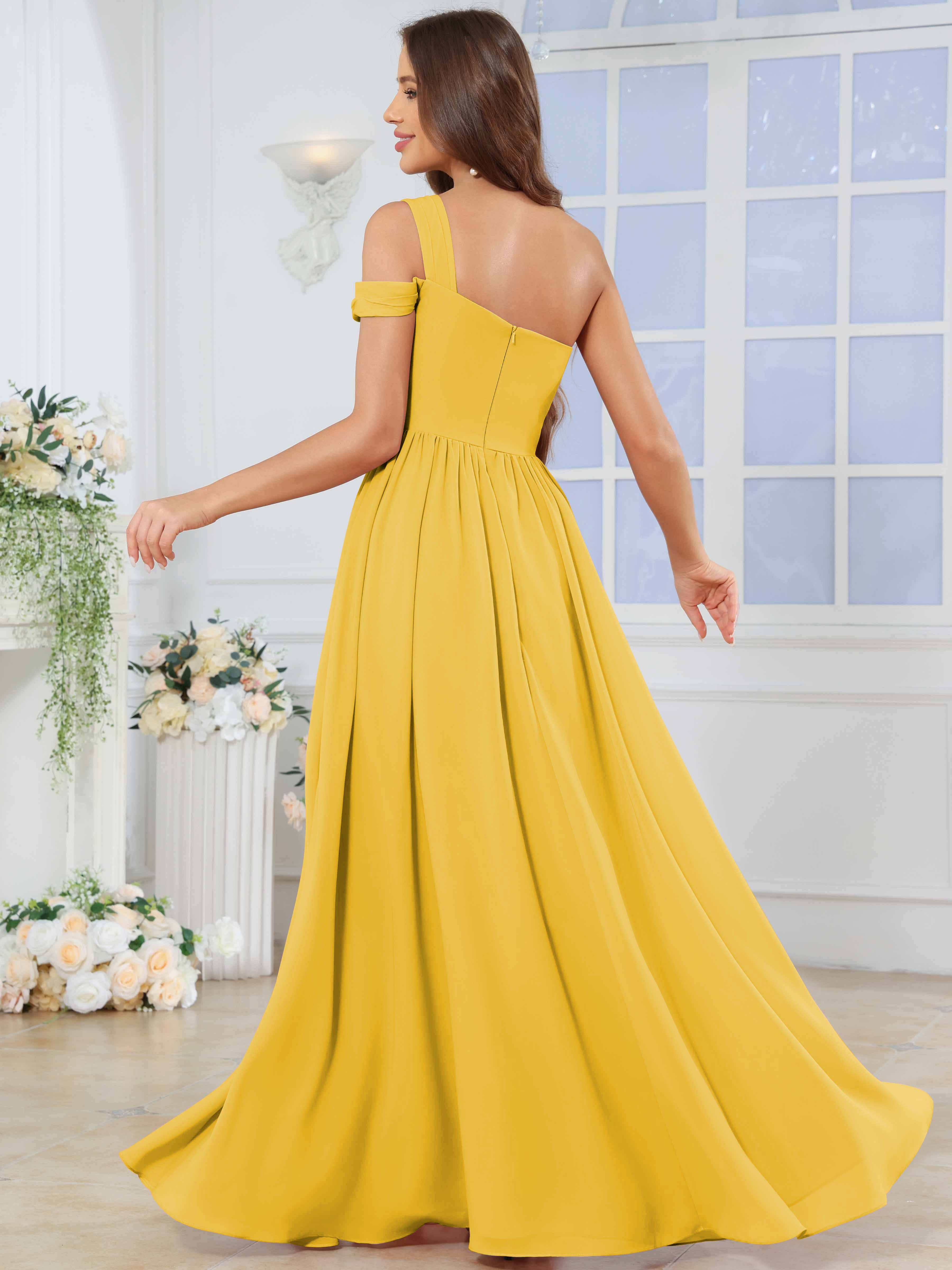 ROVDESY One Shoulder Pleated Chiffon Bridesmaid Dress With Slit