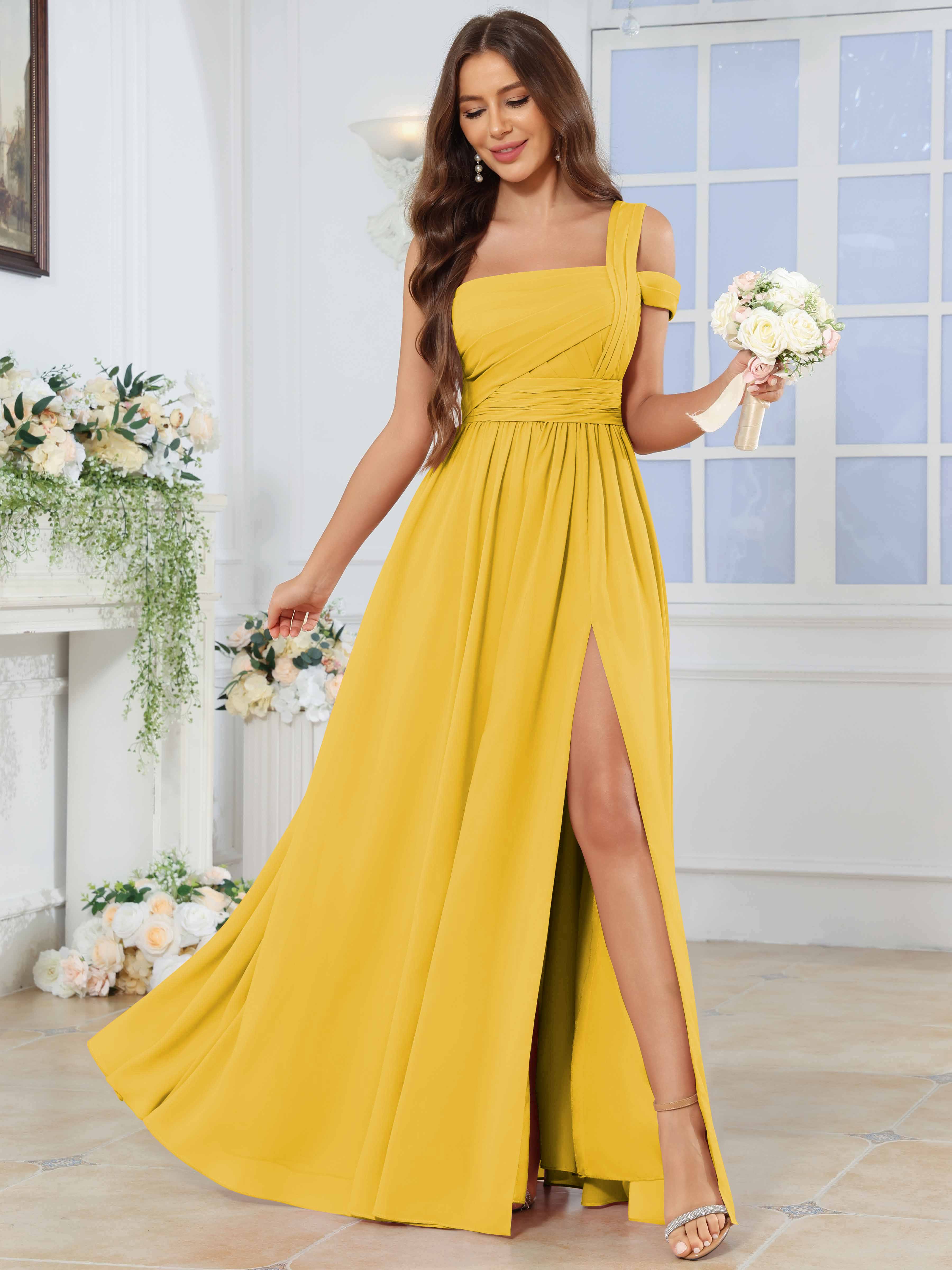 ROVDESY One Shoulder Pleated Chiffon Bridesmaid Dress With Slit