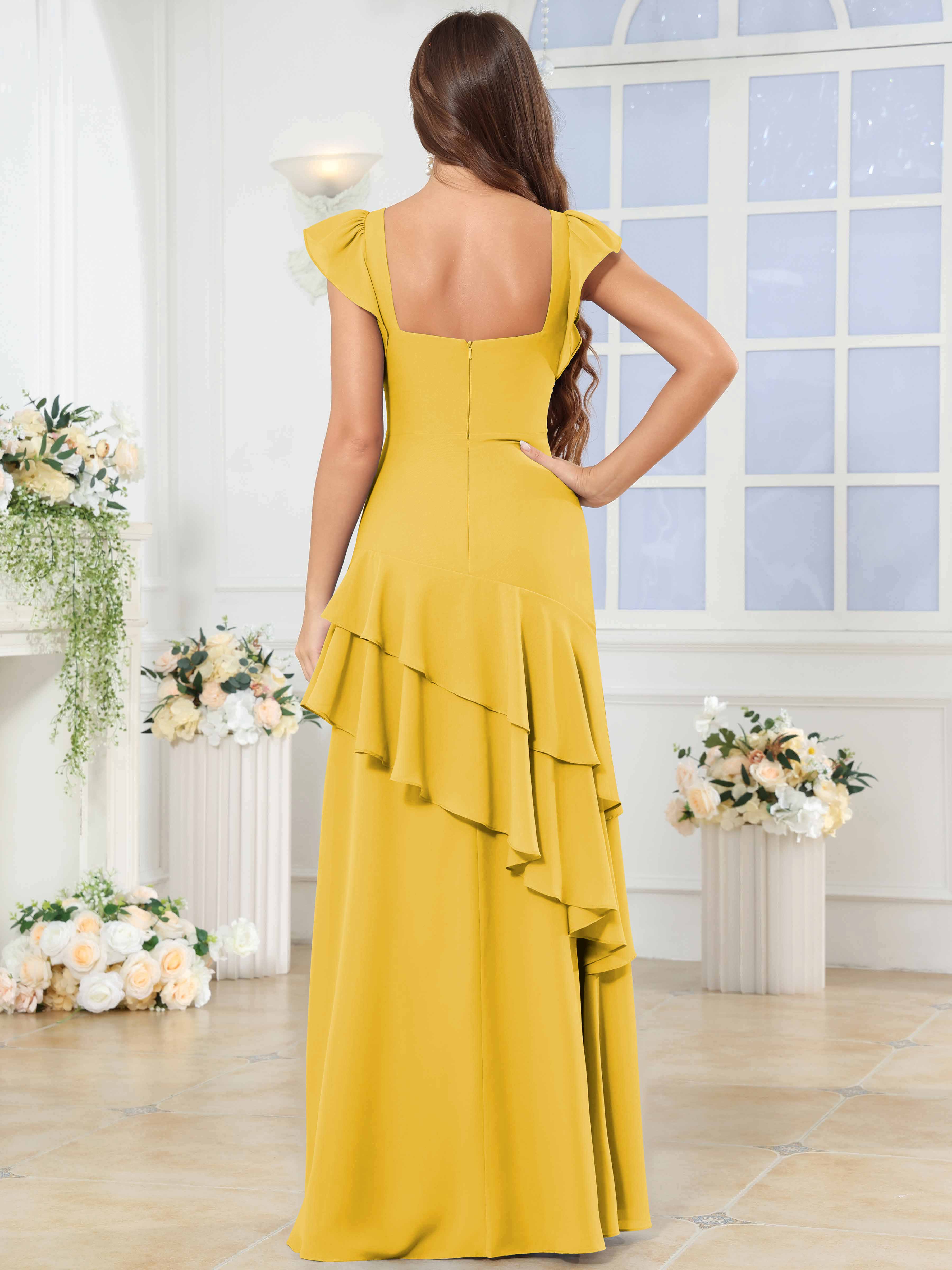 ROVDESY Sweetheart Tiered Ruffle Chiffon Bridesmaid Dress With Short Sleeves