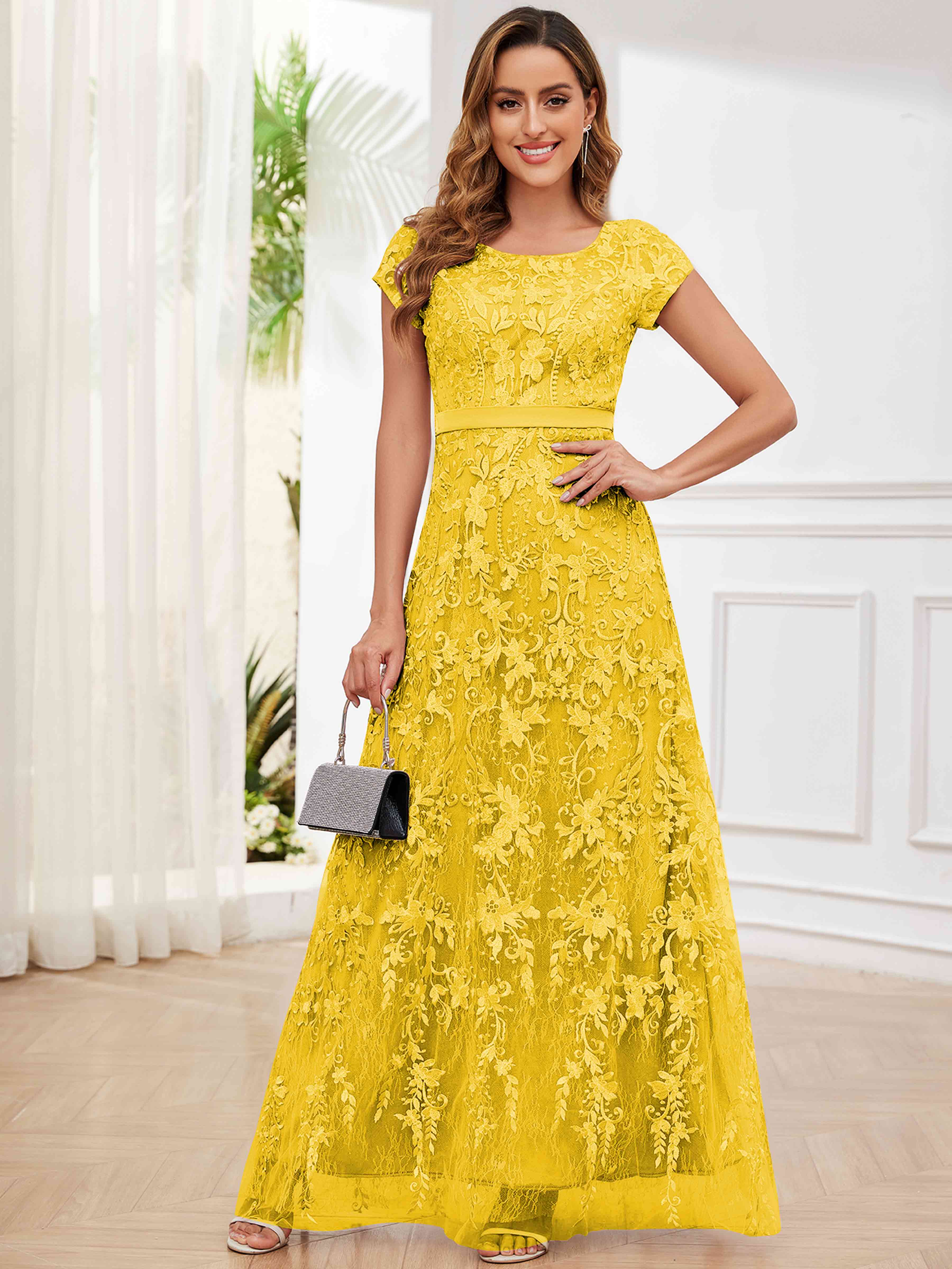 ROVDESY Elegant Lace Mother Of The Bride Dress With Short Sleeves Formal Gown