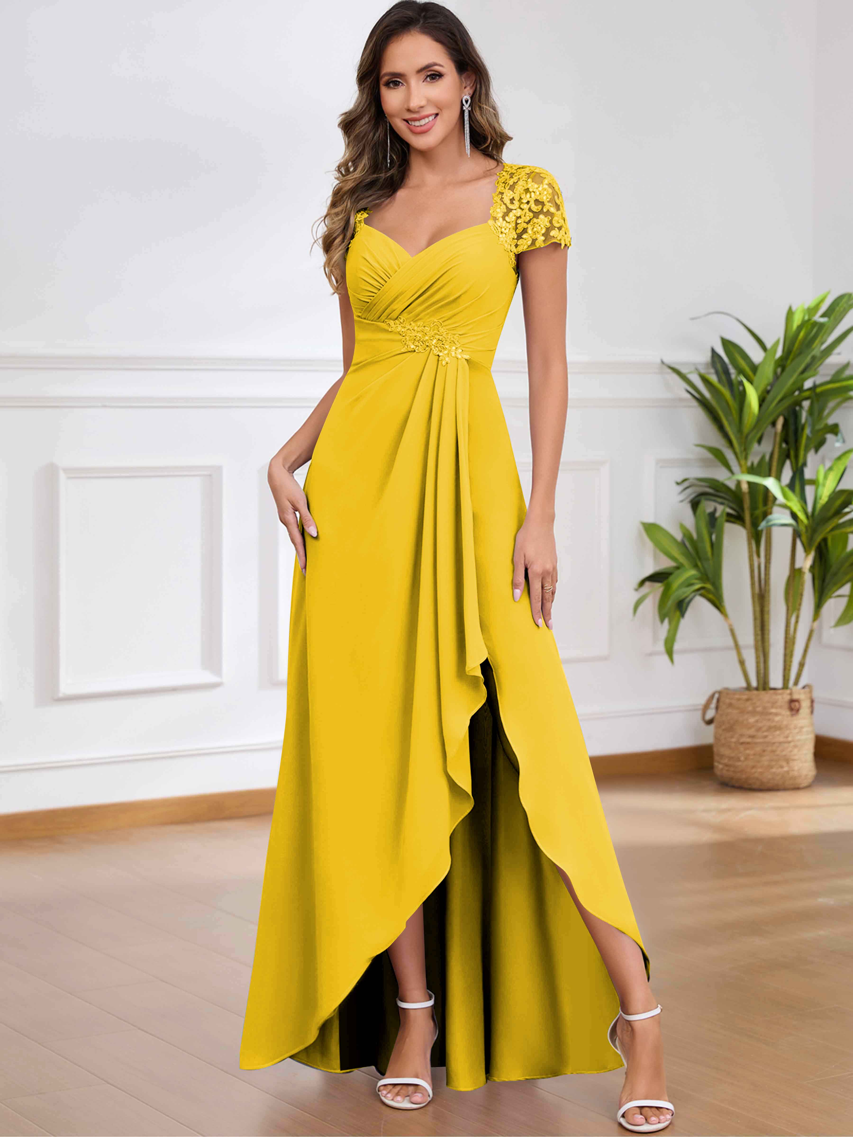 ROVDESY A-Line Pleated Lace Sequin Ruffle Chiffon Mother Of The Bride Dress With Slit