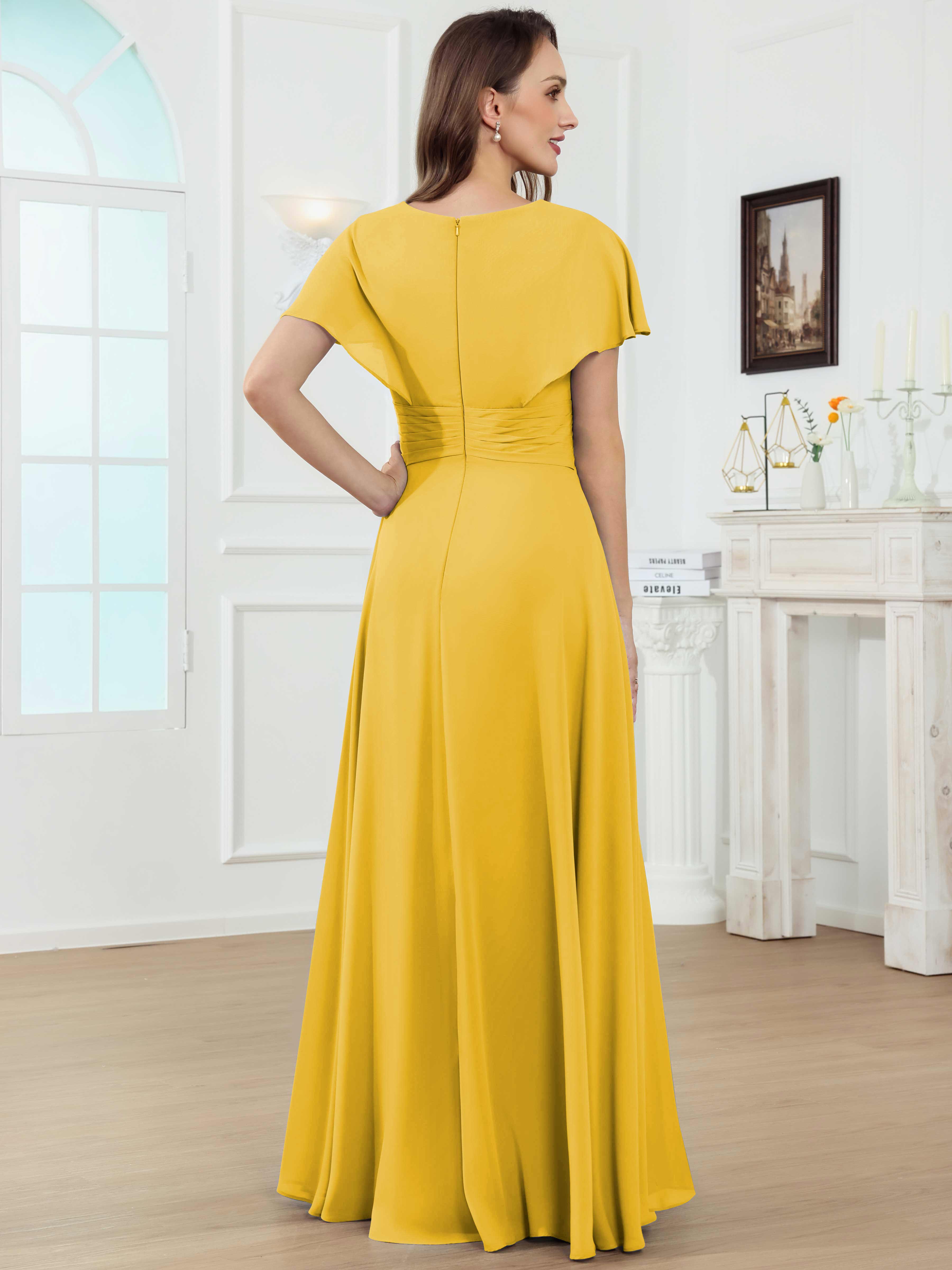 ROVDESY A-Line V-Neck Pleated Lace Chiffon Mother Of The Bride Dress With Short Sleeves