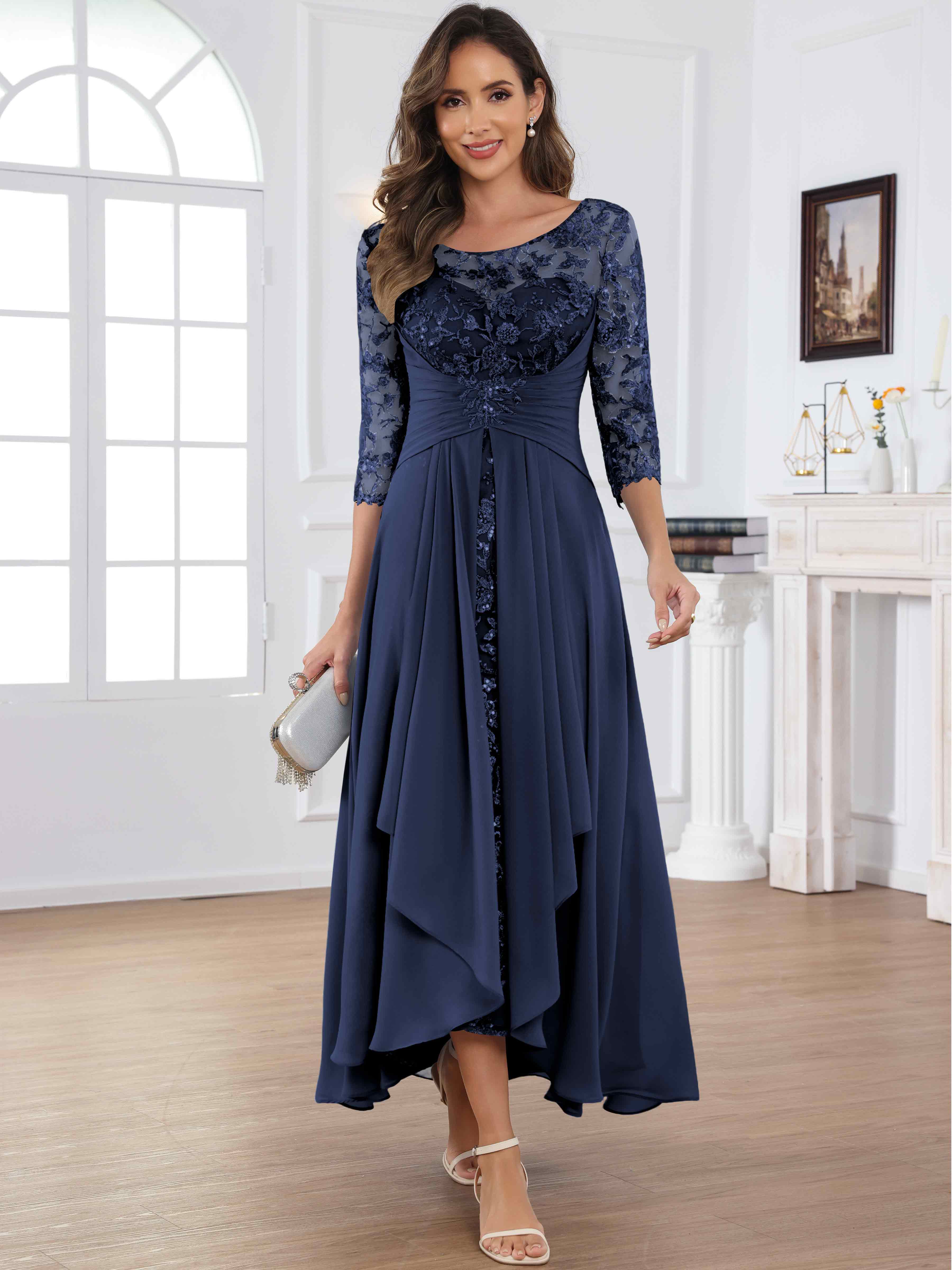 ROVDESY Tea Length Lace Chiffon Mother of The Bride Dress with 3/4 Sleeves