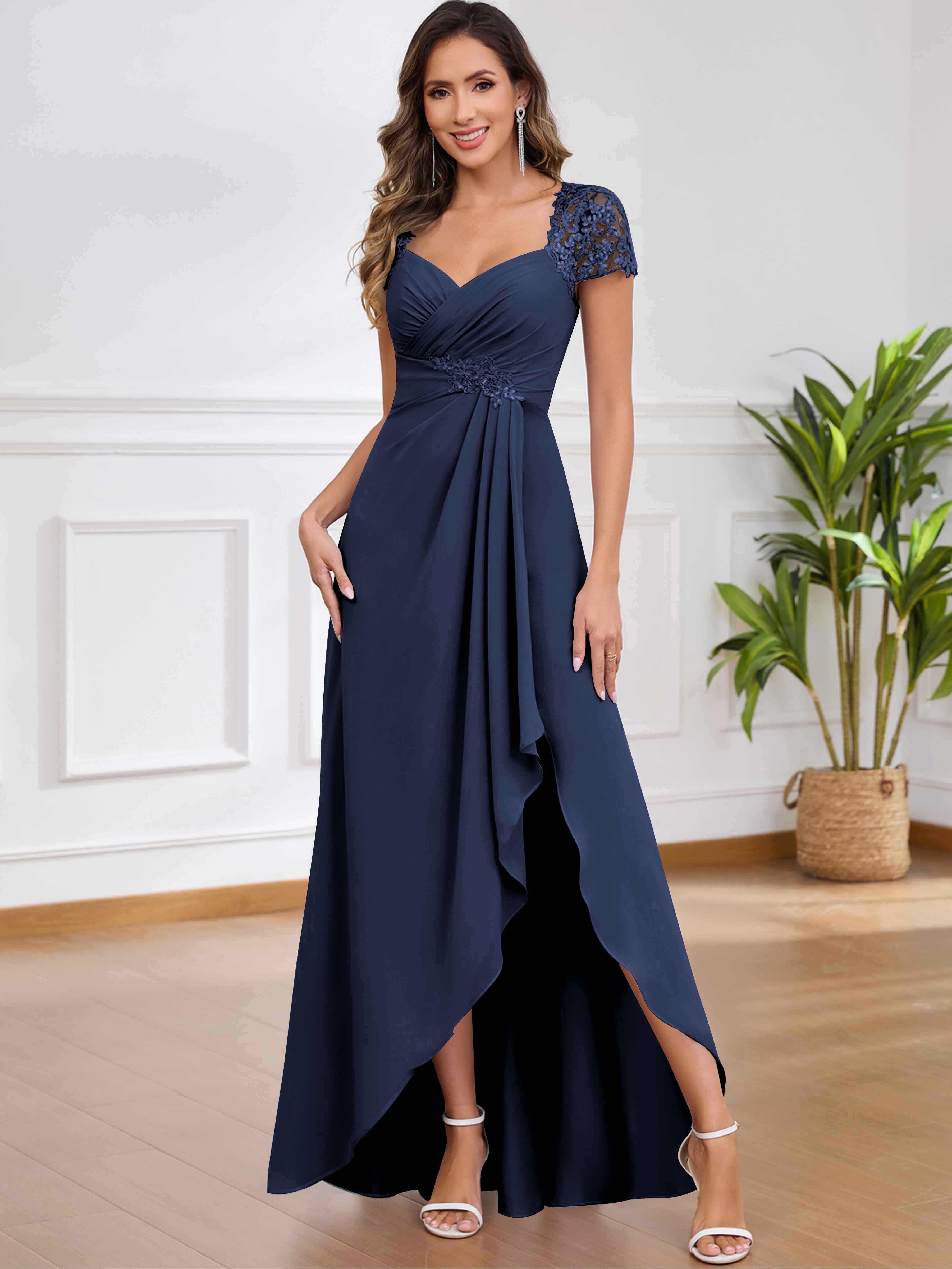 ROVDESY A-Line Pleated Lace Sequin Ruffle Chiffon Mother Of The Bride Dress With Slit