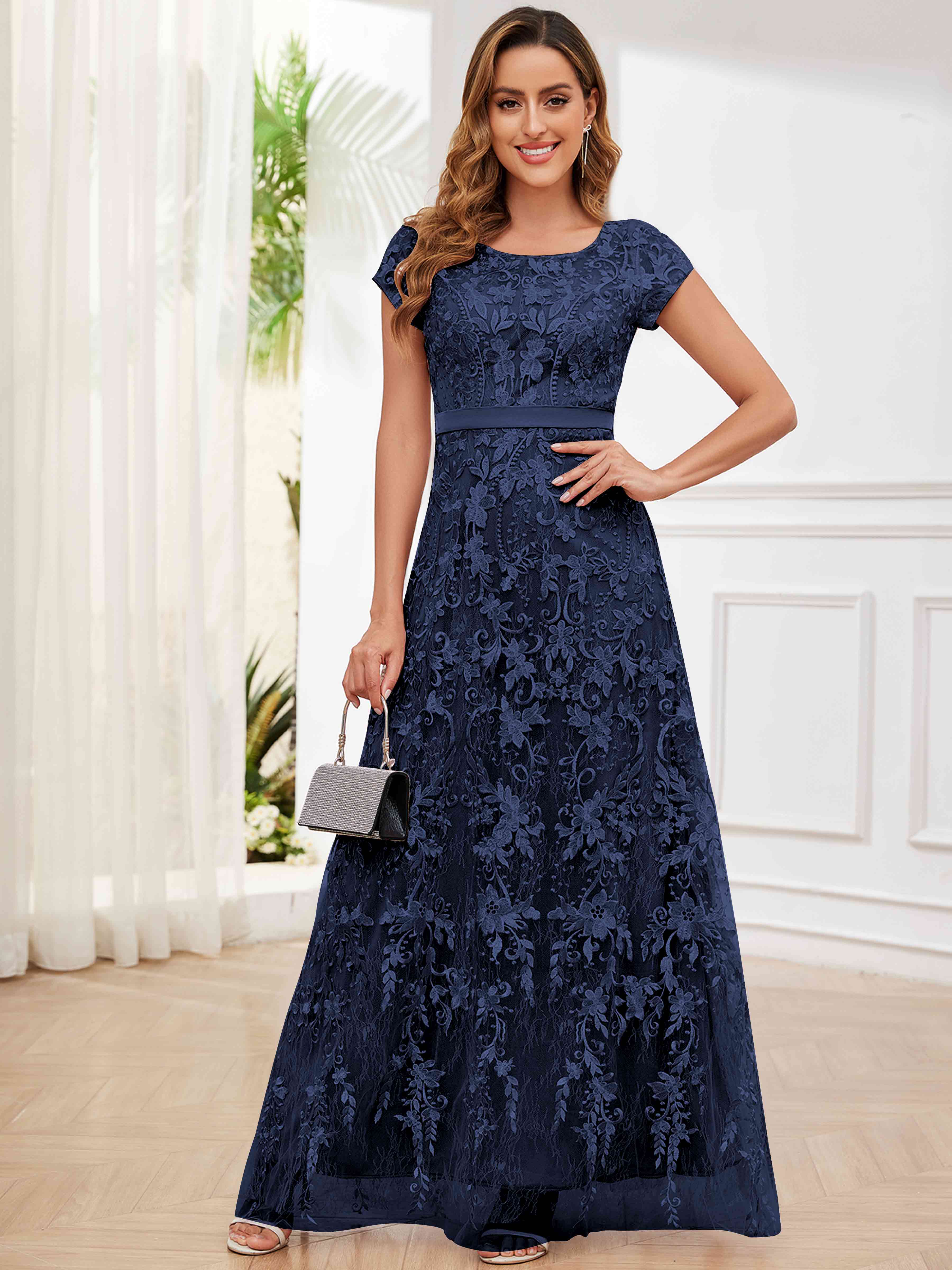 ROVDESY Elegant Lace Mother Of The Bride Dress With Short Sleeves Formal Gown
