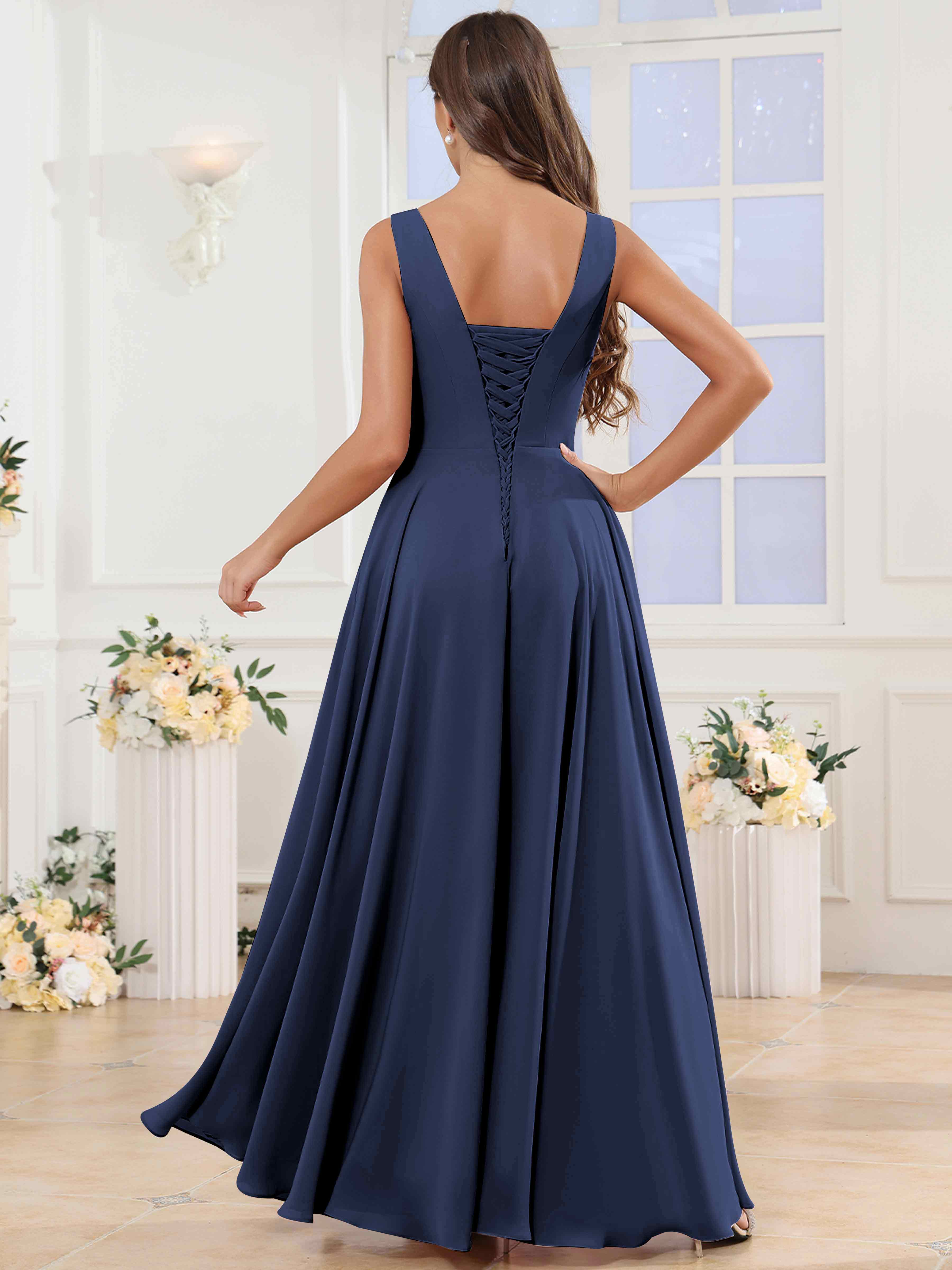 ROVDESY V-Neck Pleated Sleeveless Ruffle Chiffon Bridesmaid Dress With Slit