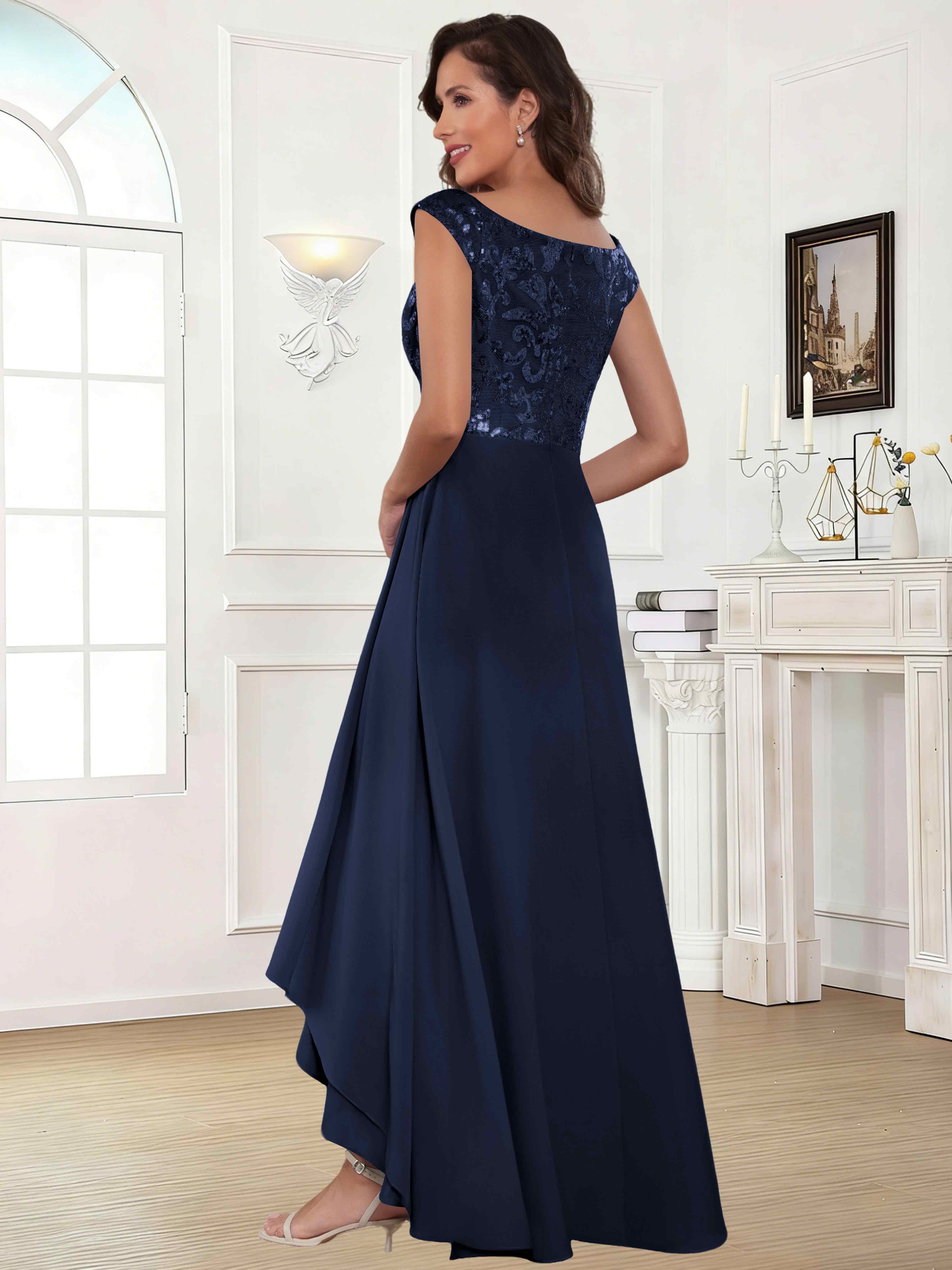 ROVDESY Tea Length Off-The-Shoulder Sequin Chiffon Mother Of The Bride Dress