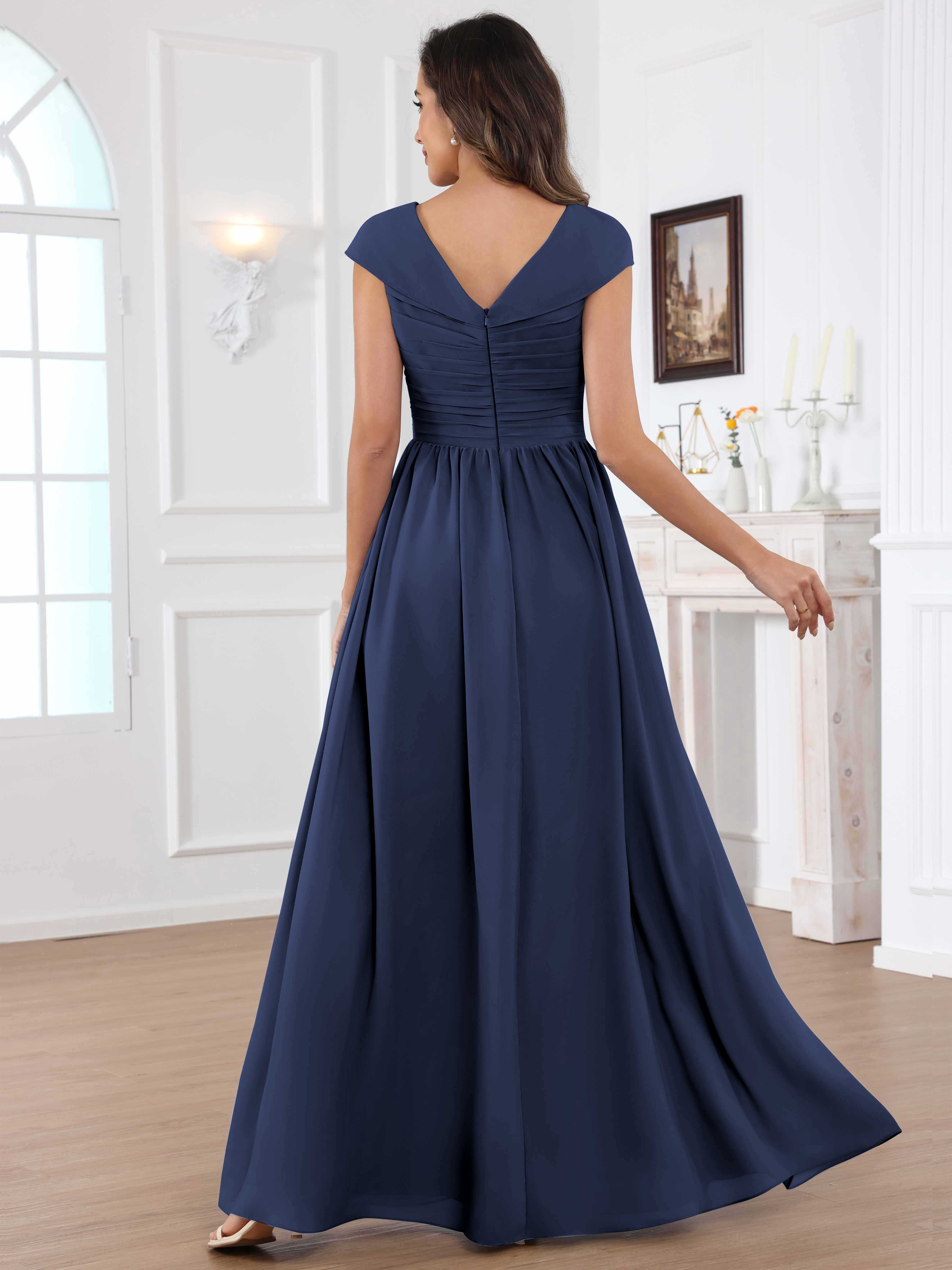 ROVDESY A-Line Cap Sleeves Pleated Chiffon Mother Of The Bride Dress