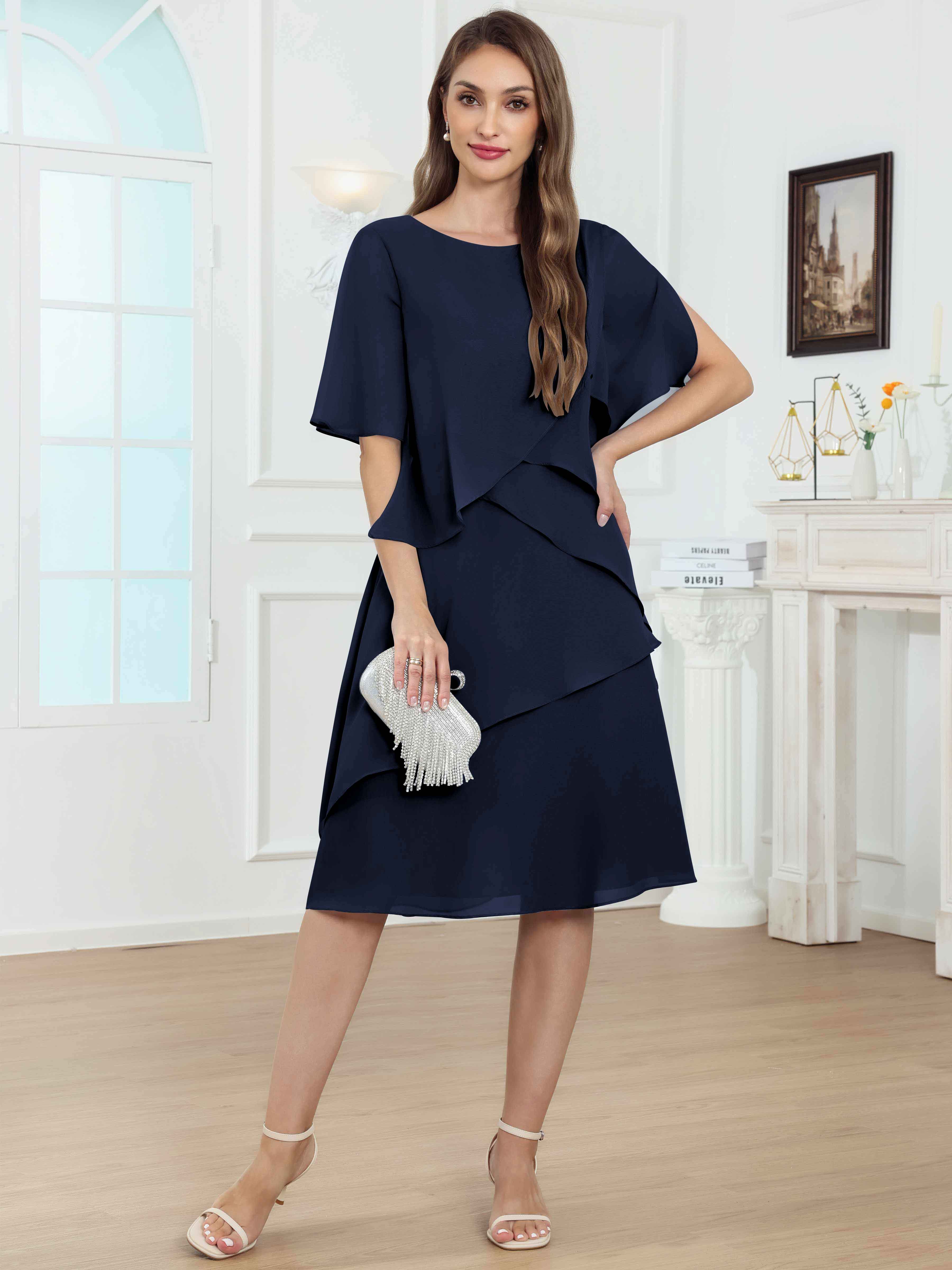 ROVDESY Knee Length Tiered Ruffle Chiffon Mother Of The Bride Dress With Half Sleeves