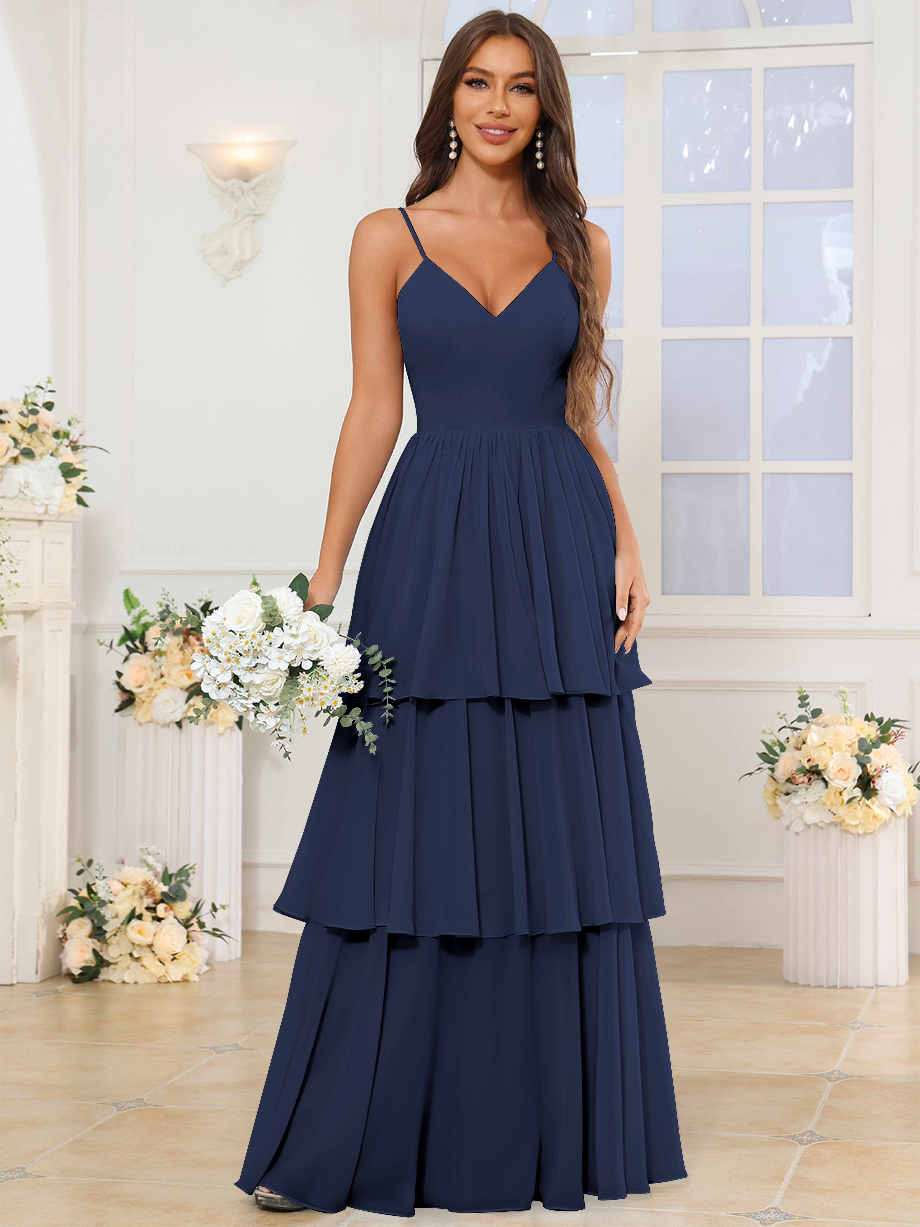ROVDESY V-Neck Spaghetti Straps Tiered Chiffon Bridesmaid Dress With Ruffles