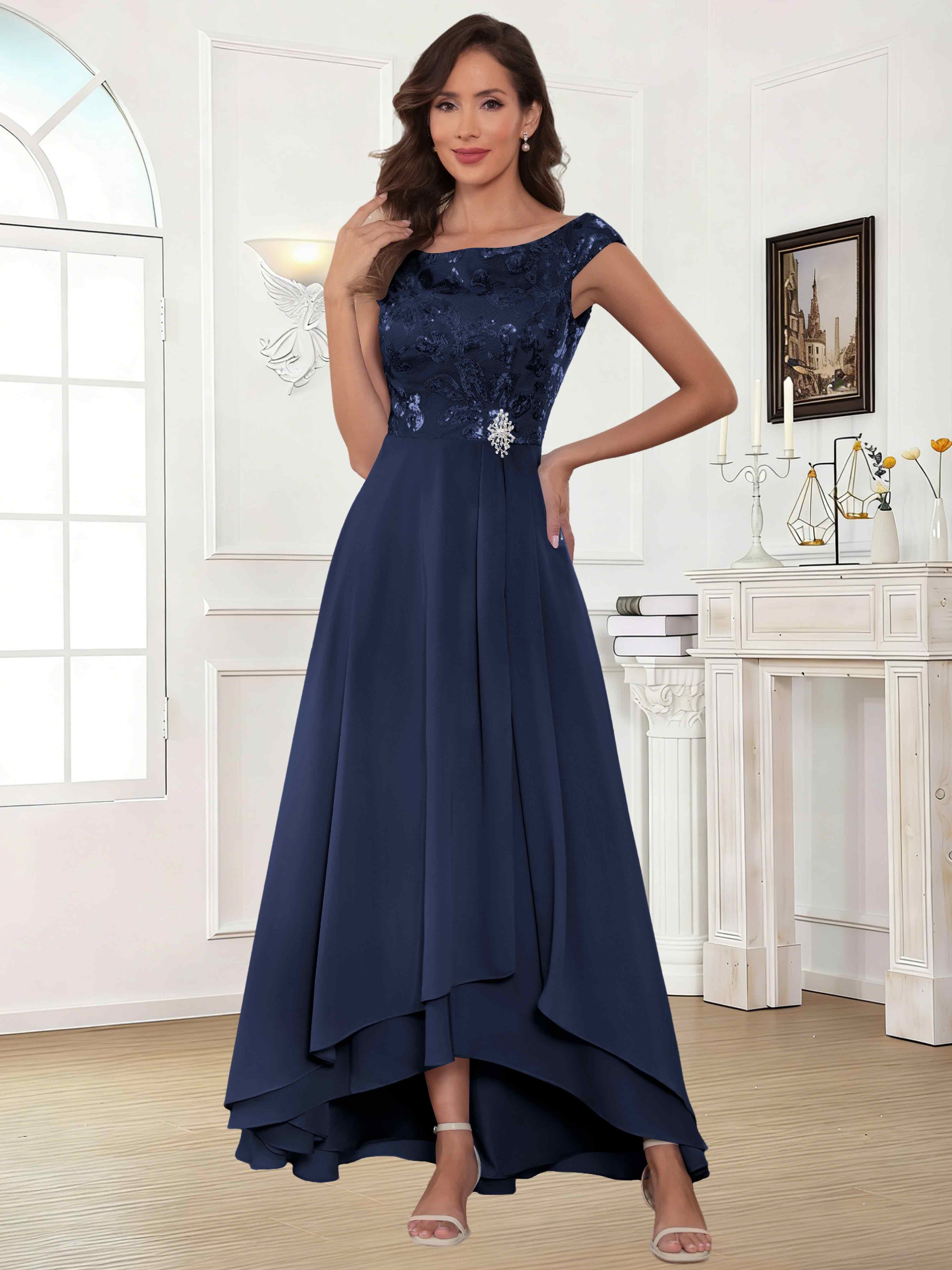 ROVDESY Tea Length Off-The-Shoulder Sequin Chiffon Mother Of The Bride Dress