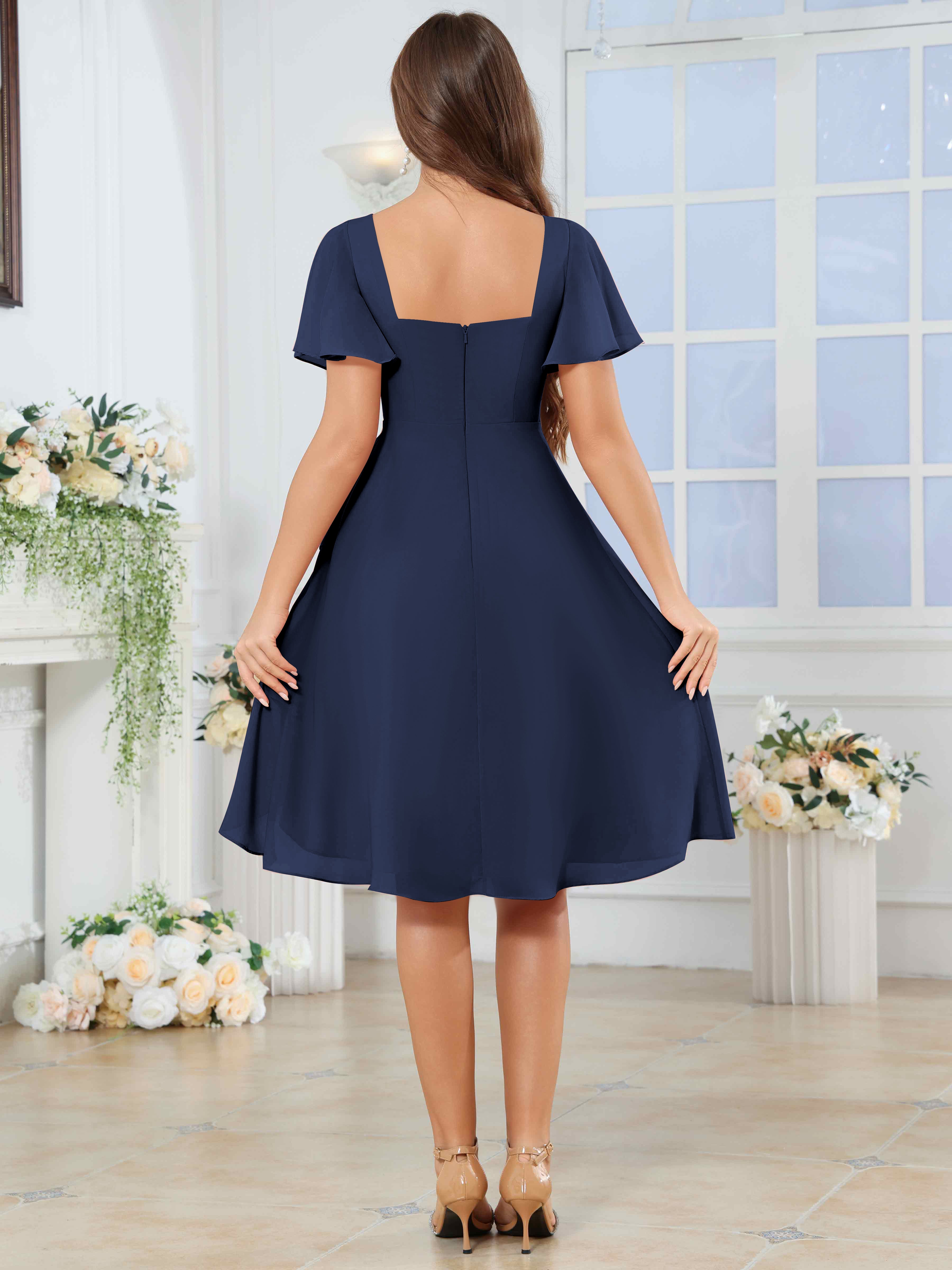 ROVDESY Knee Length V-Neck Pleated Chiffon Bridesmaid Dress With Short Sleeves