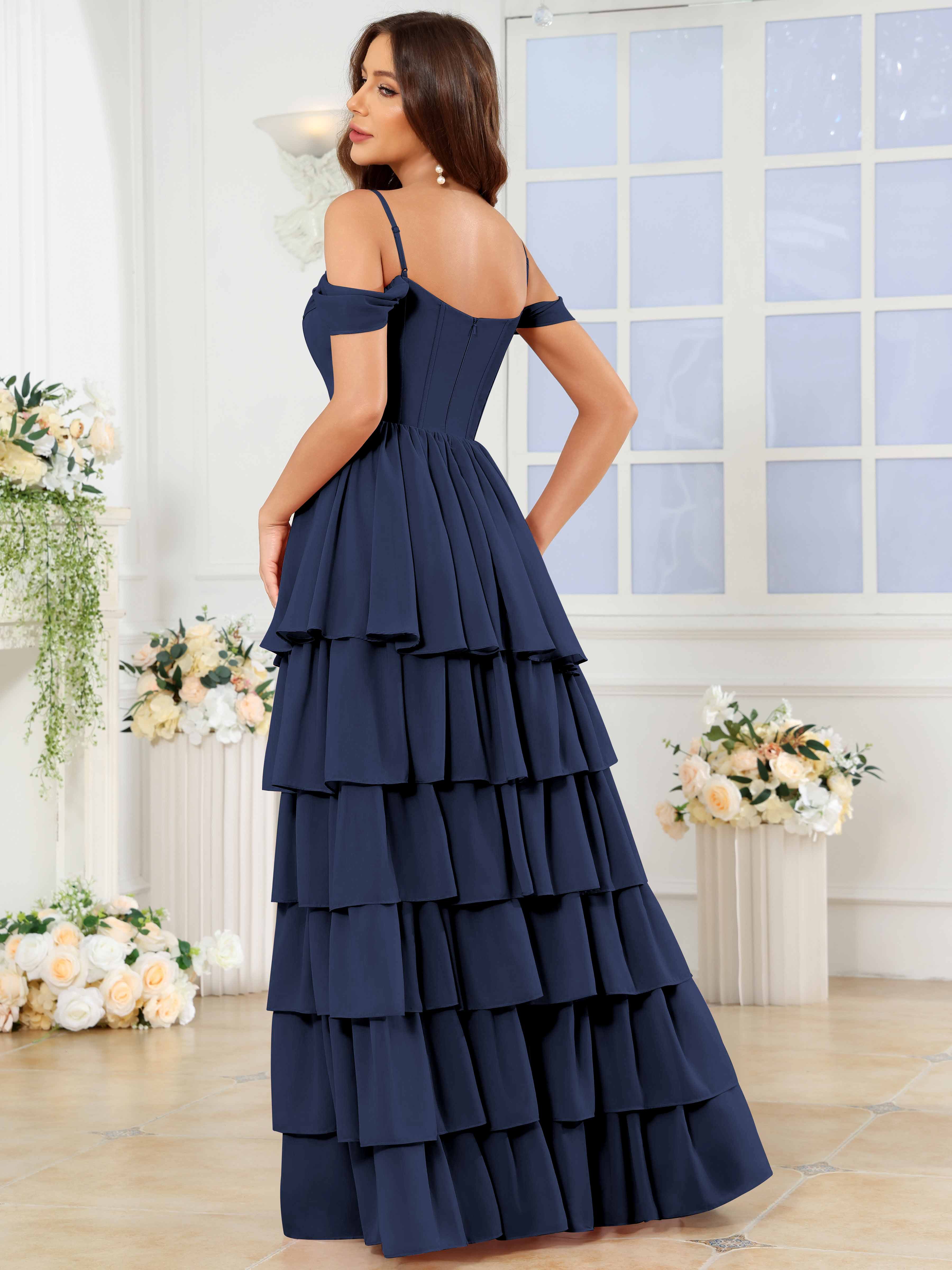 ROVDESY A-Line Off The Shoulder Tiered Chiffon Bridesmaid/Prom Dress With Slit