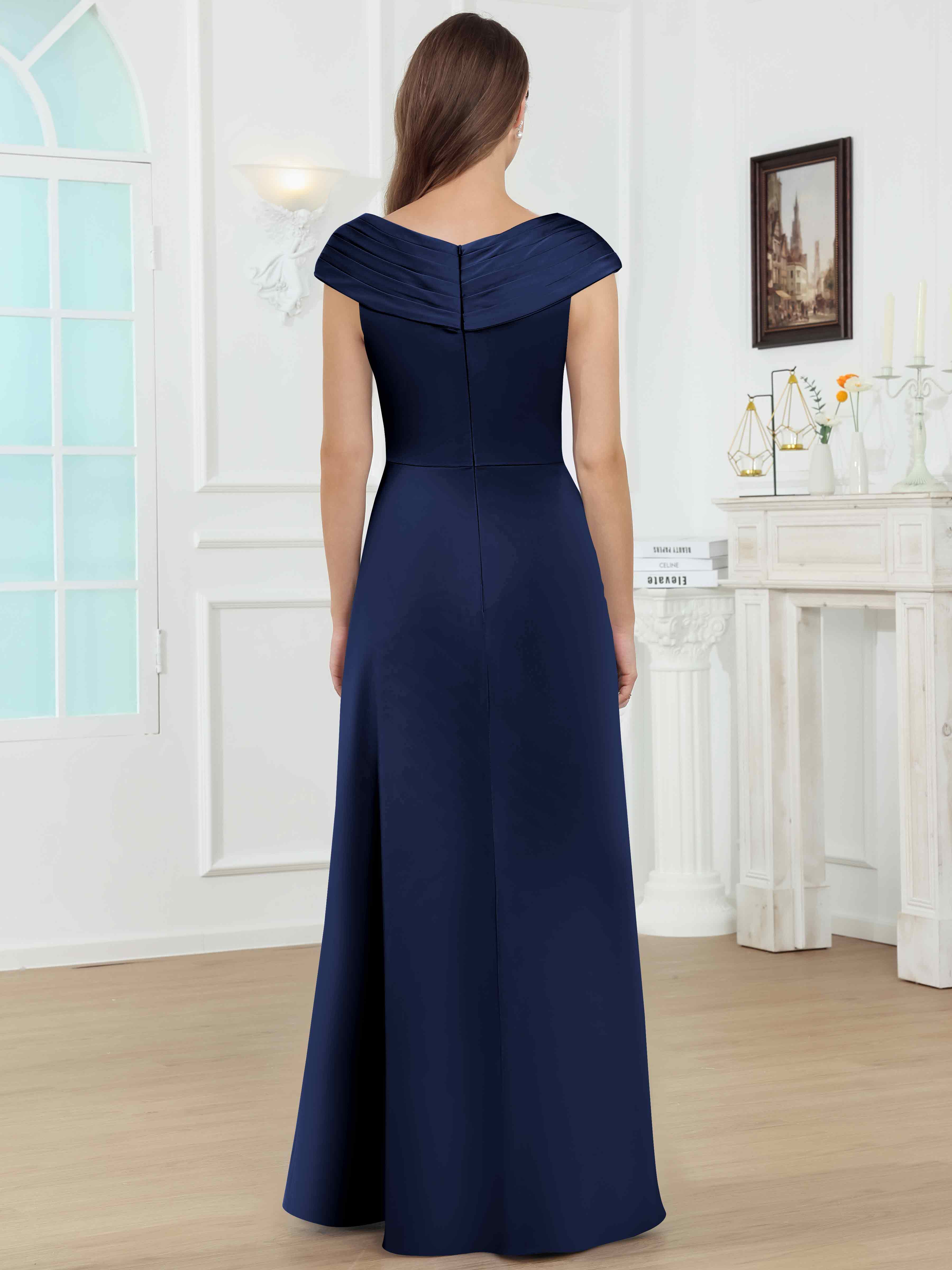 ROVDESY V-Neck Off The Shoulder Pleated Satin Mother Of The Bride Dress With Slit