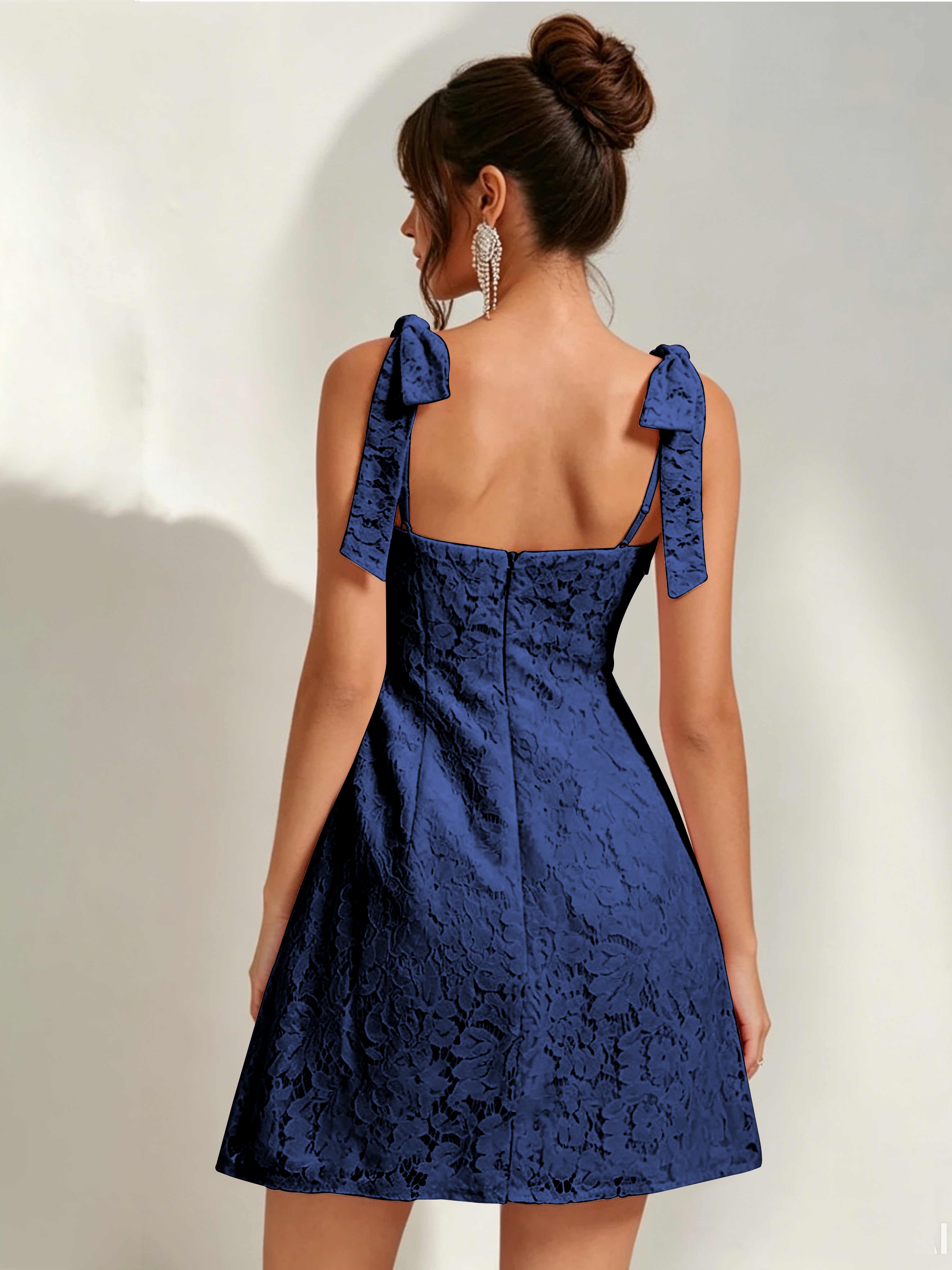 ROVDESY Bow Tie Spaghetti Strap A-Line  Floral Lace Mini Dress