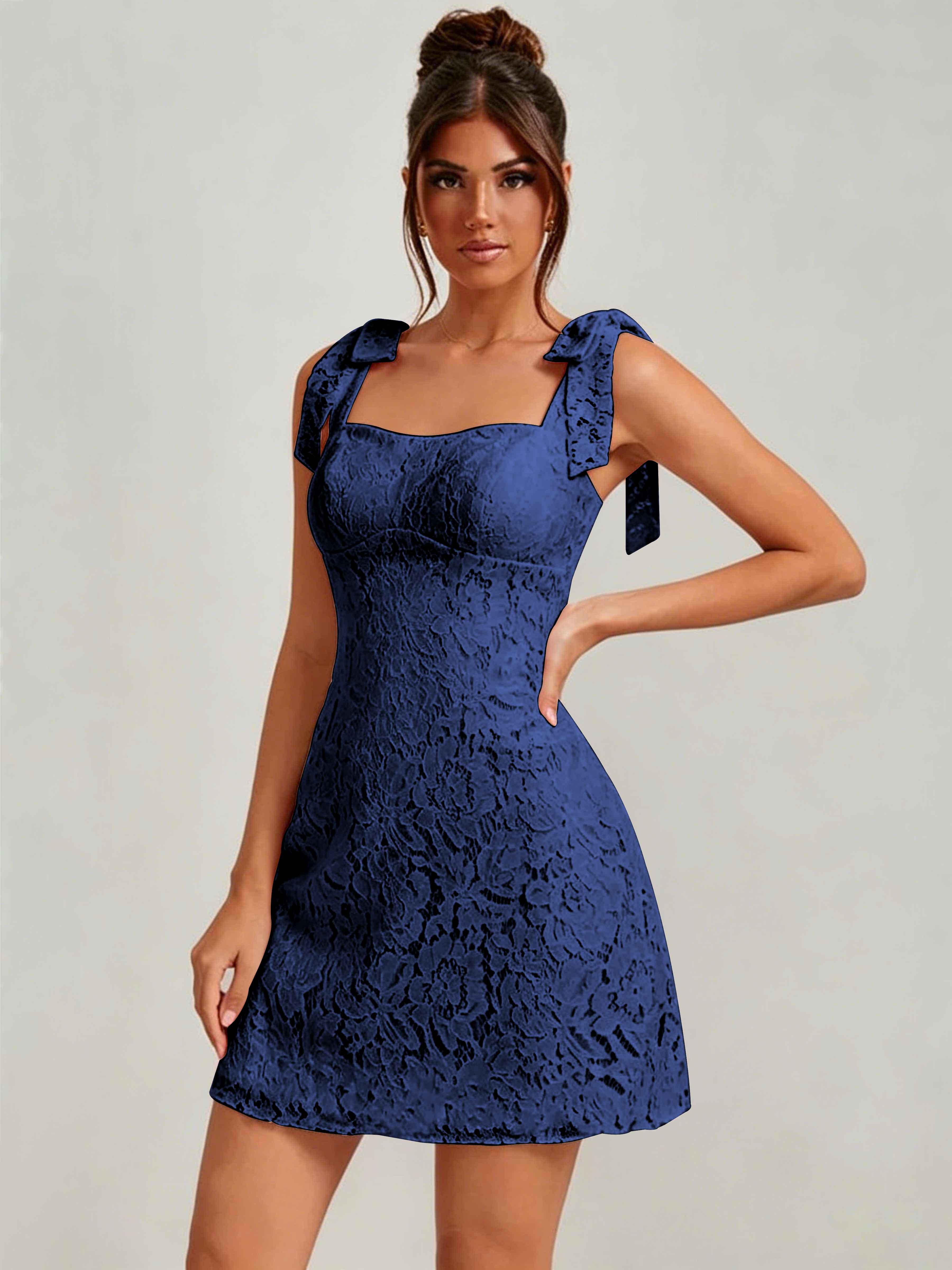 ROVDESY Bow Tie Spaghetti Strap A-Line  Floral Lace Mini Dress