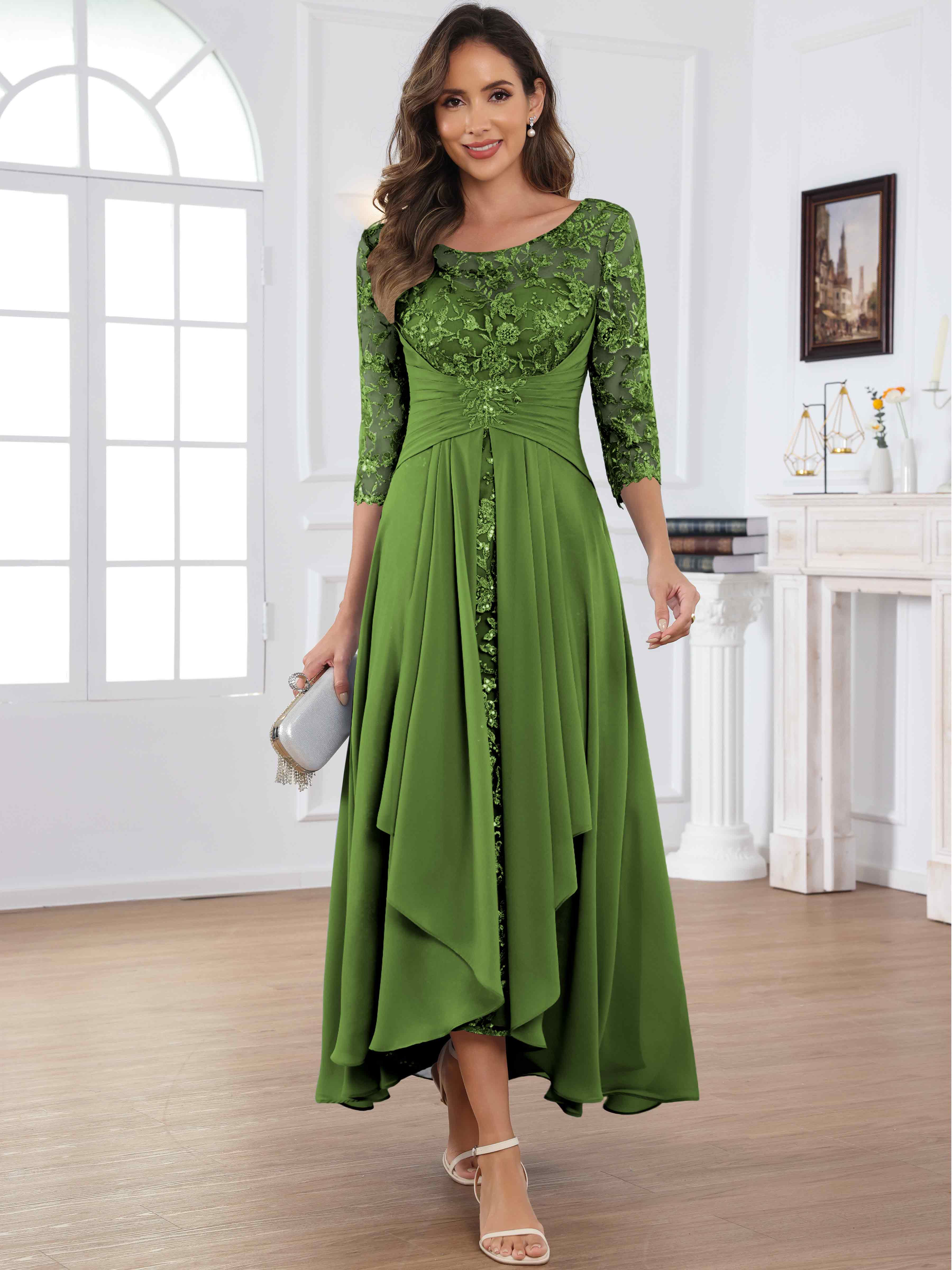 ROVDESY Tea Length Lace Chiffon Mother of The Bride Dress with 3/4 Sleeves